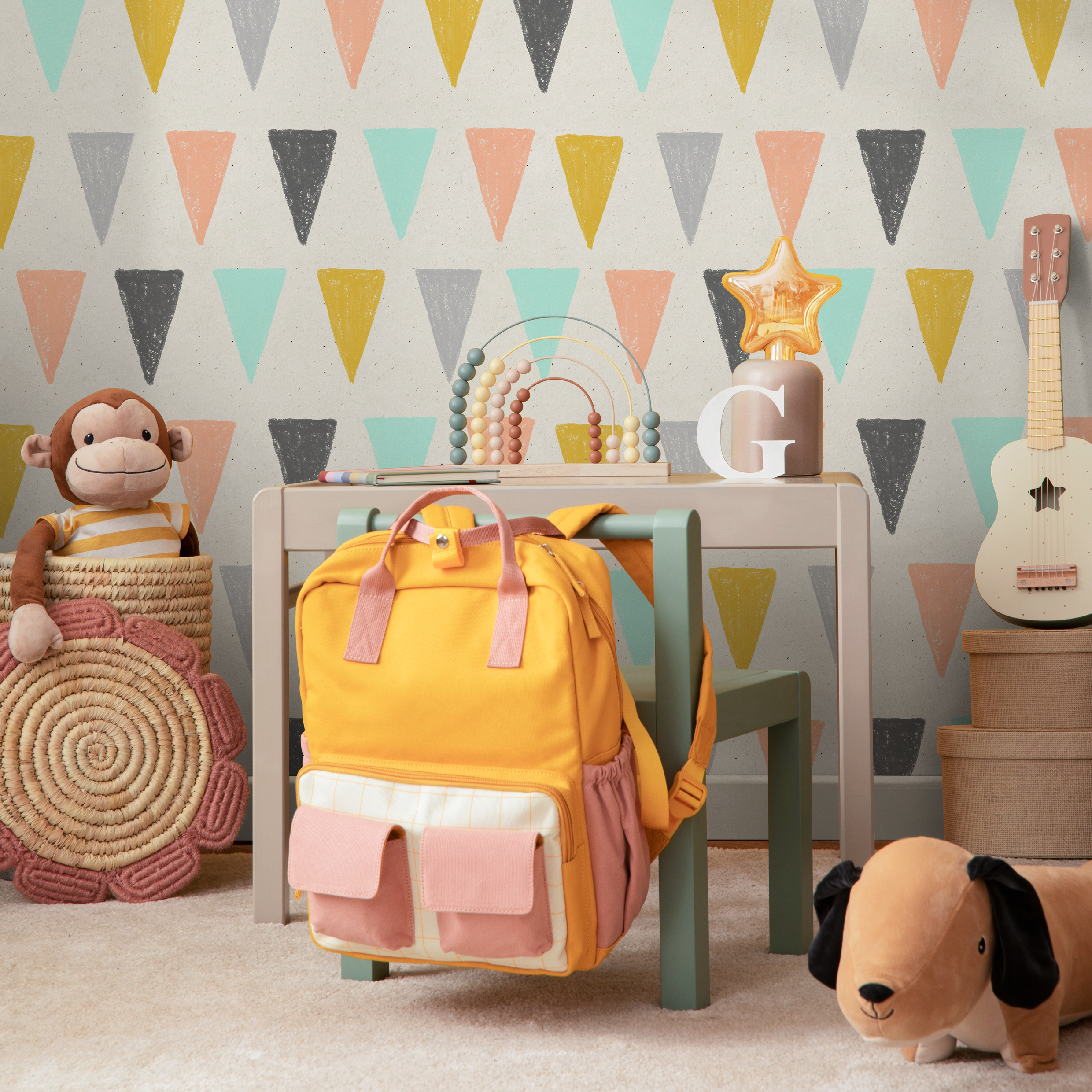 Scandinavian Wallpaper With Hand-drawn Triangles In Yellow, Pink, And Mint - B075