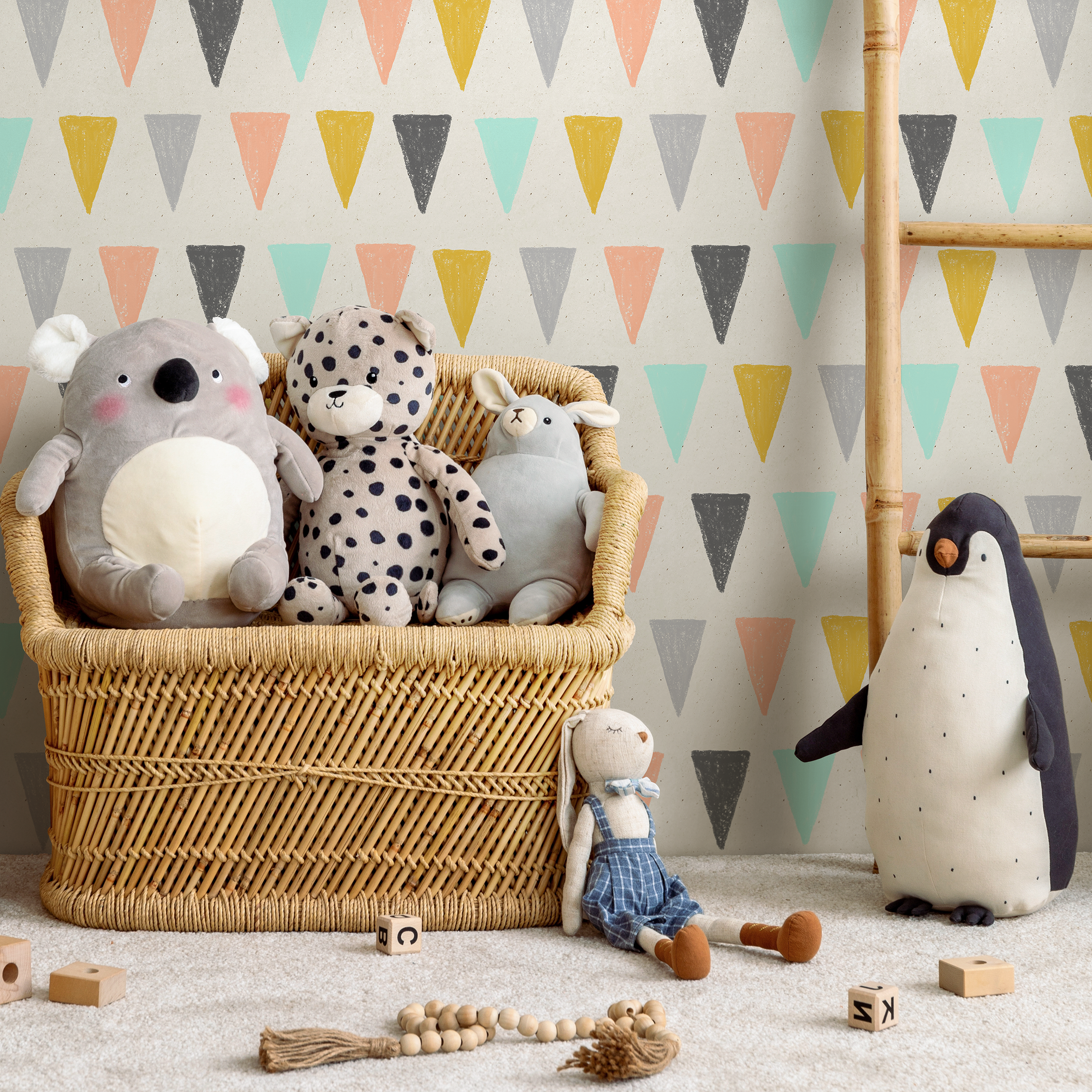 Scandinavian Wallpaper With Hand-drawn Triangles In Yellow, Pink, And Mint - B075