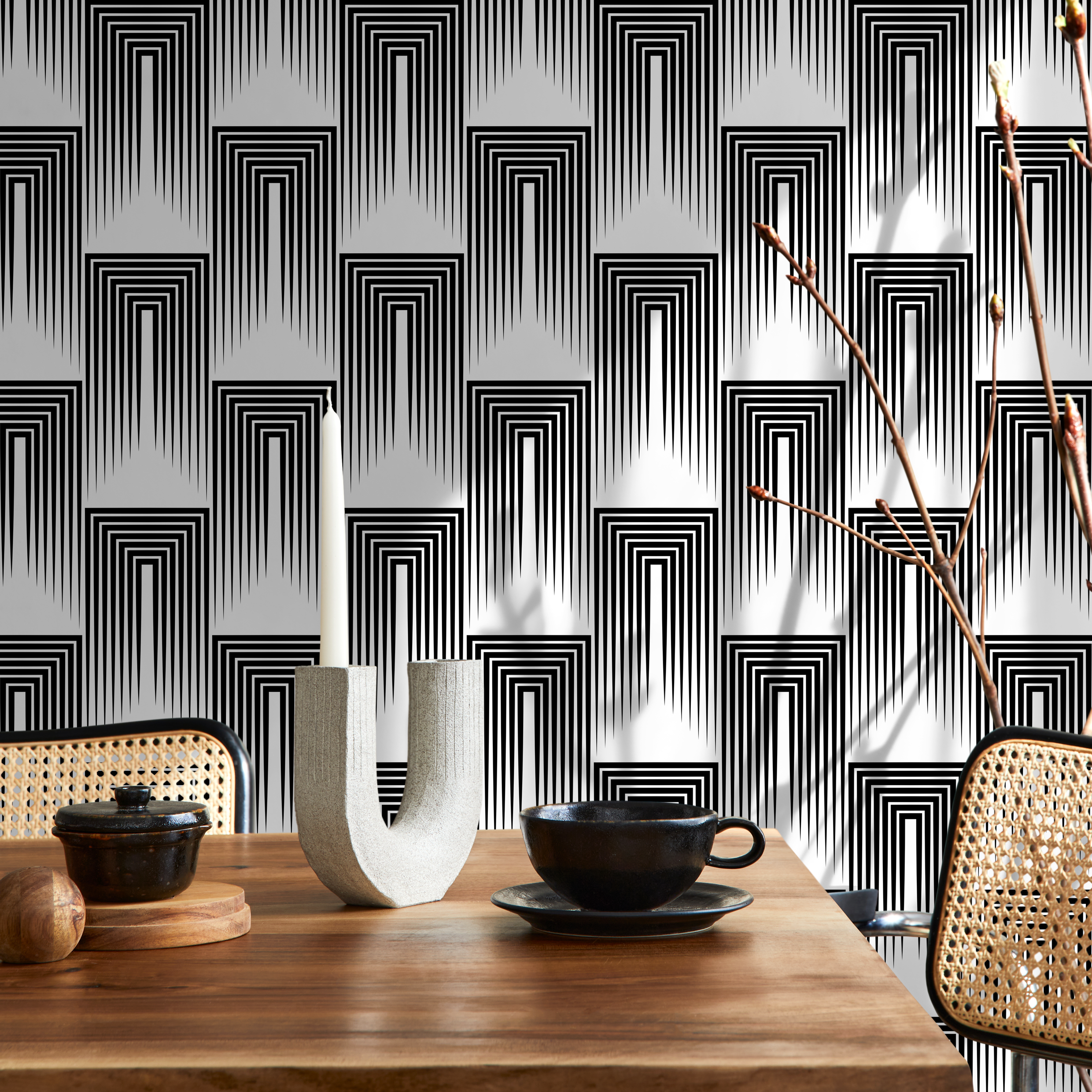 Art Deco Wallpaper With A Linear Arch Motif In Black And White - B079