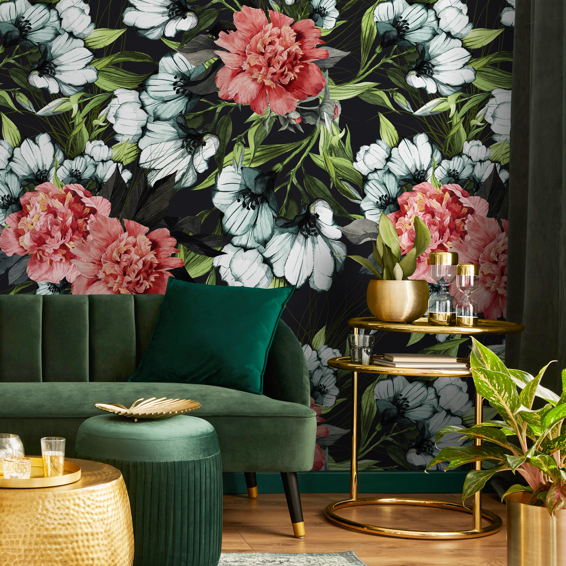 Floral Wallpaper With Vintage Peonies And Blooms In Red, White, And Green - B081