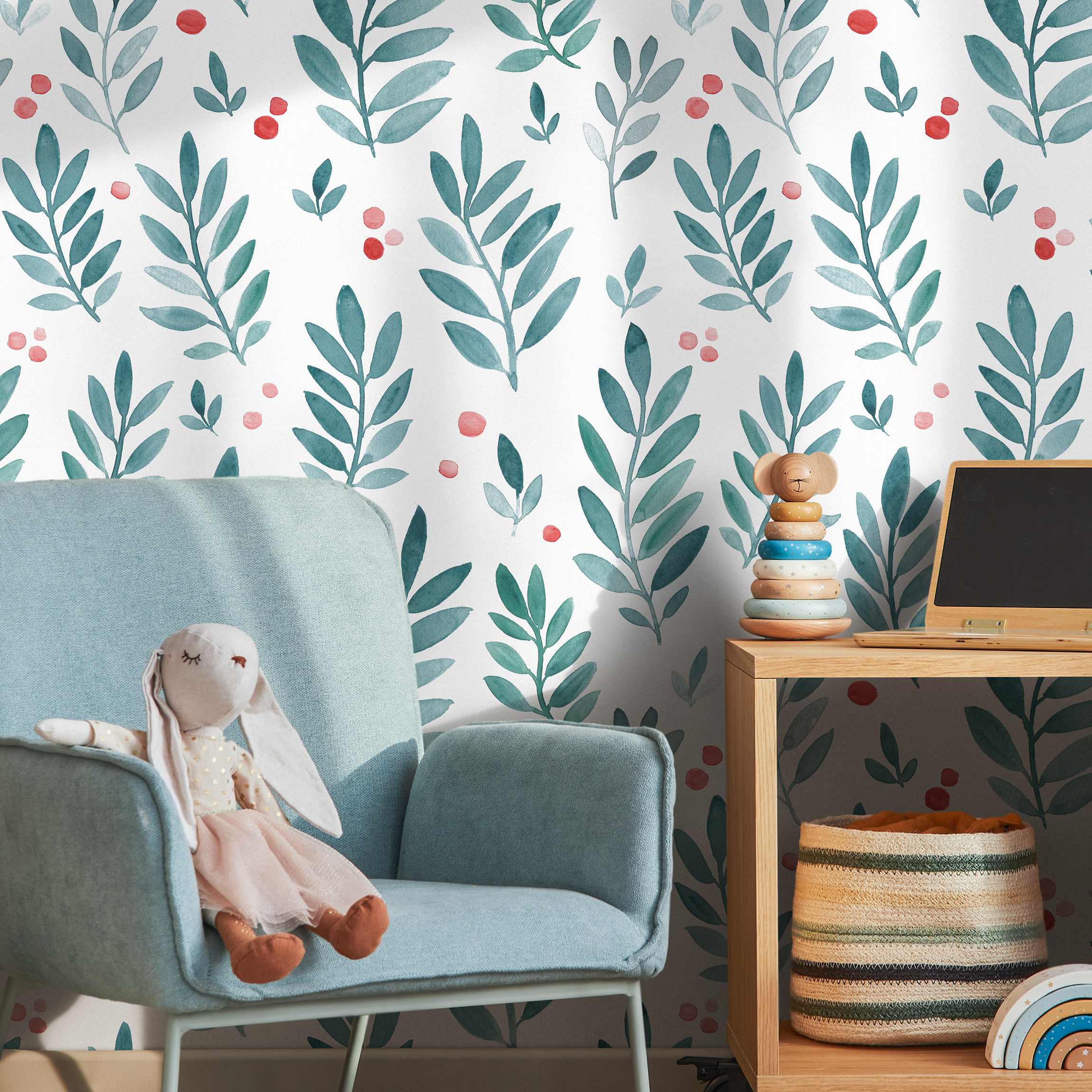 Botanical Wallpaper With Watercolor Leaves And Berries In Green And Red - B082