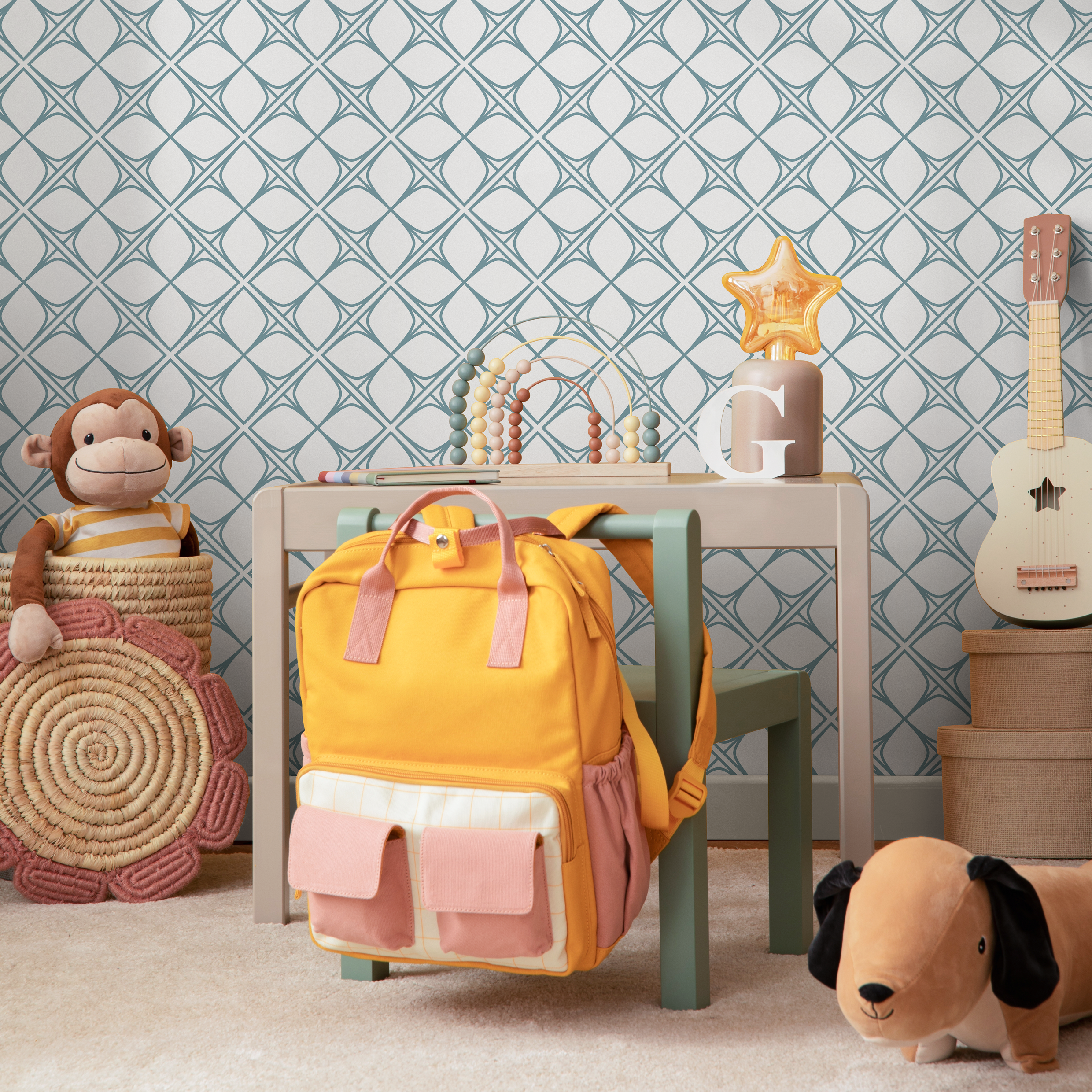 Geometric Wallpaper With A Scandinavian Trellis In Teal - B088