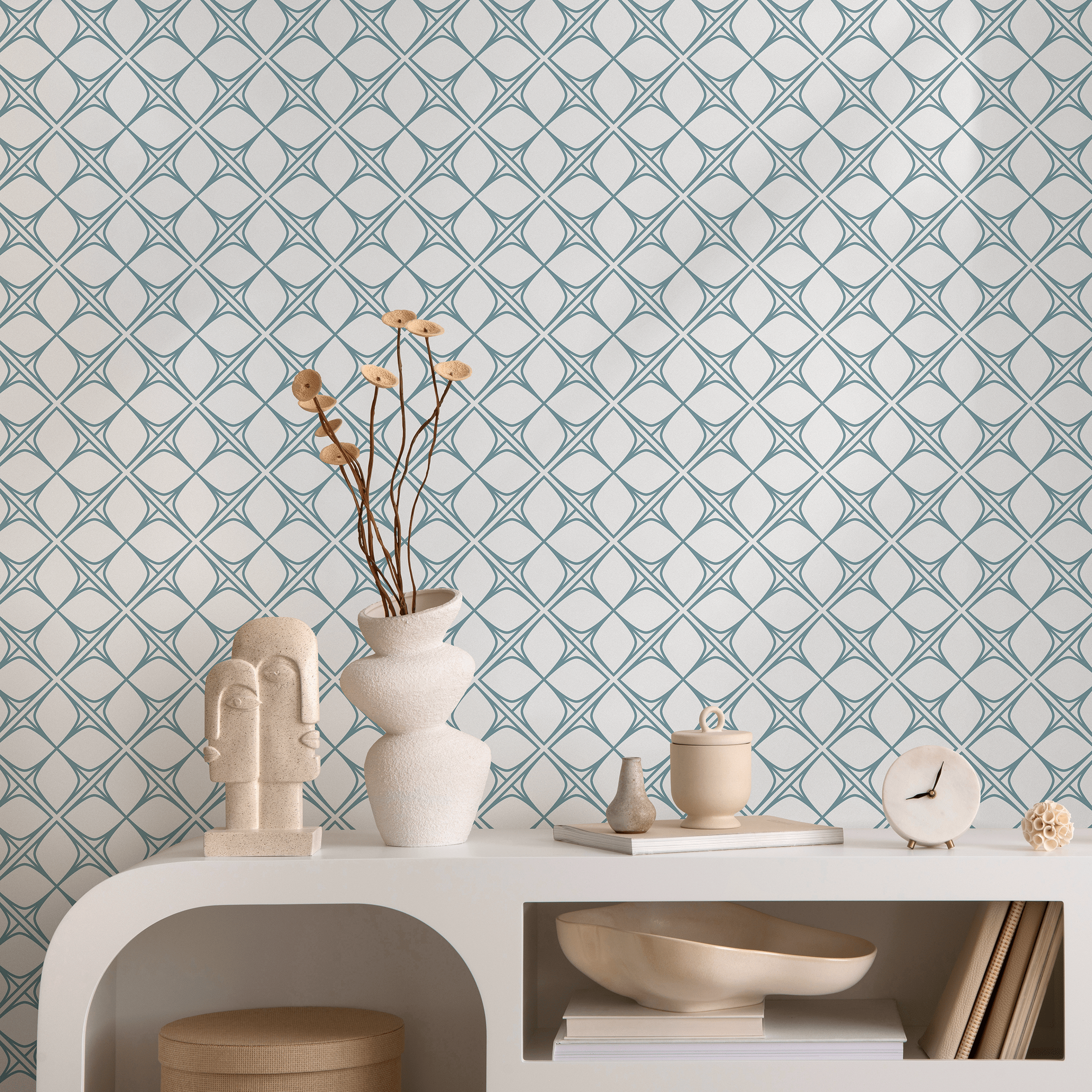 Geometric Wallpaper With A Scandinavian Trellis In Teal - B088
