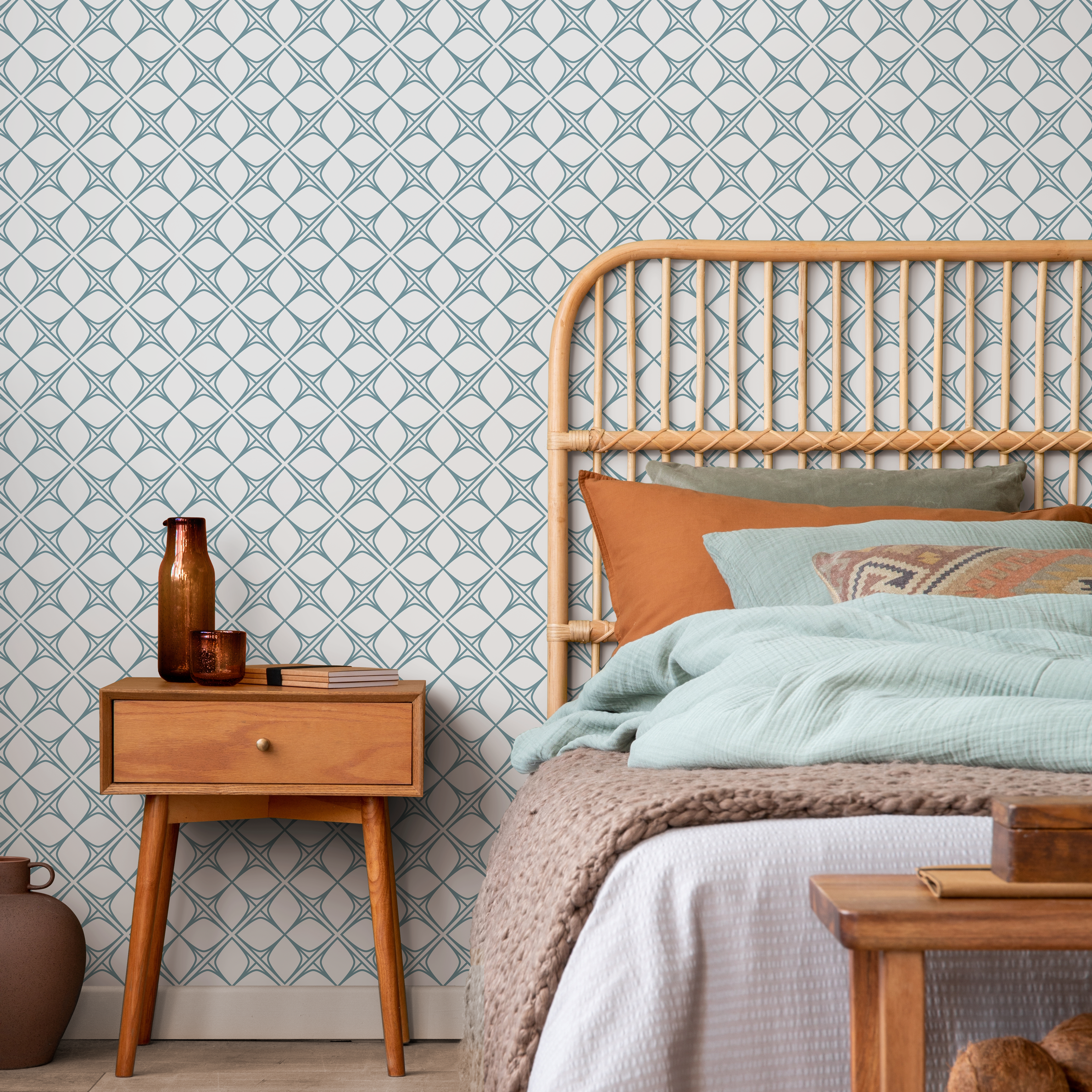 Geometric Wallpaper With A Scandinavian Trellis In Teal - B088