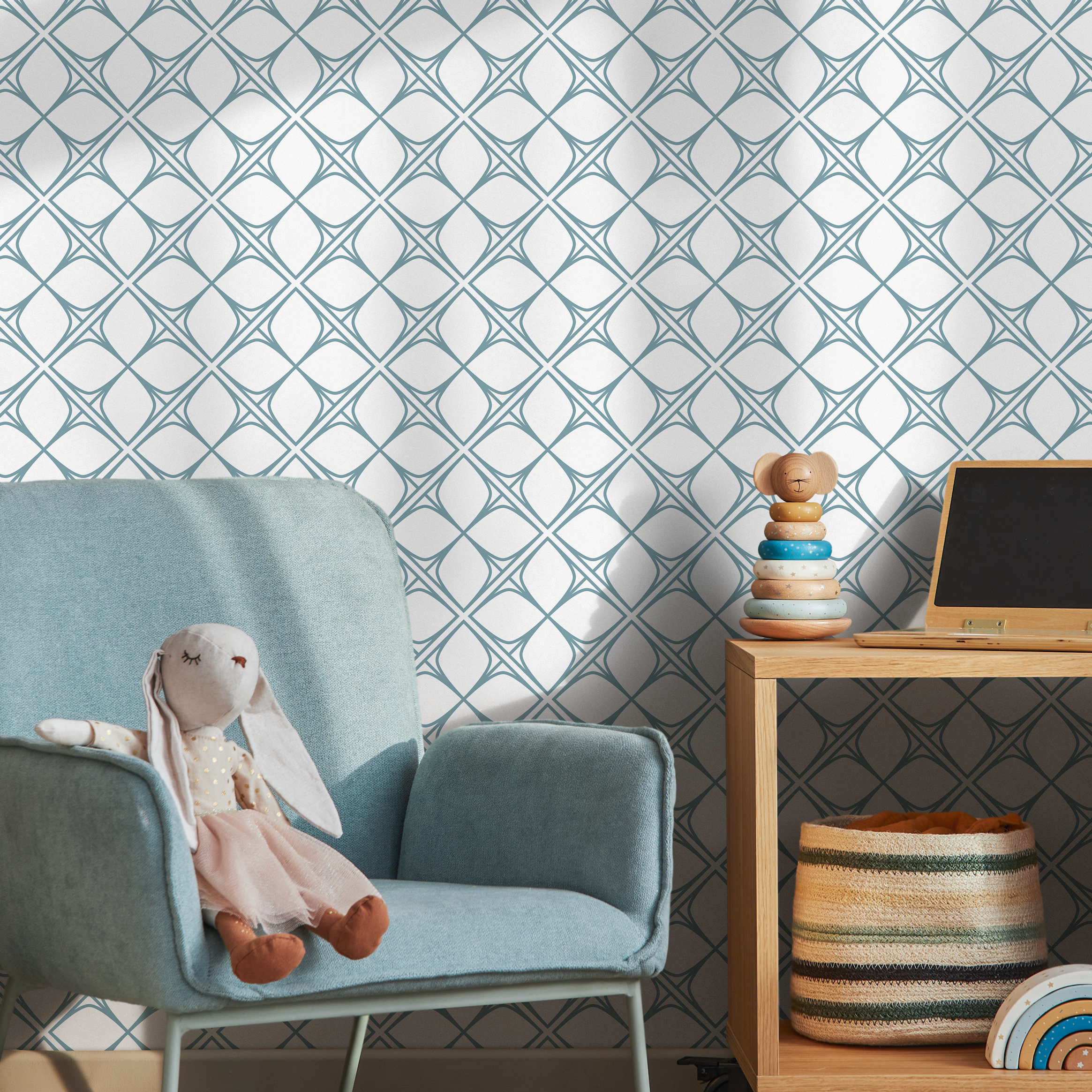 Geometric Wallpaper With A Scandinavian Trellis In Teal - B088