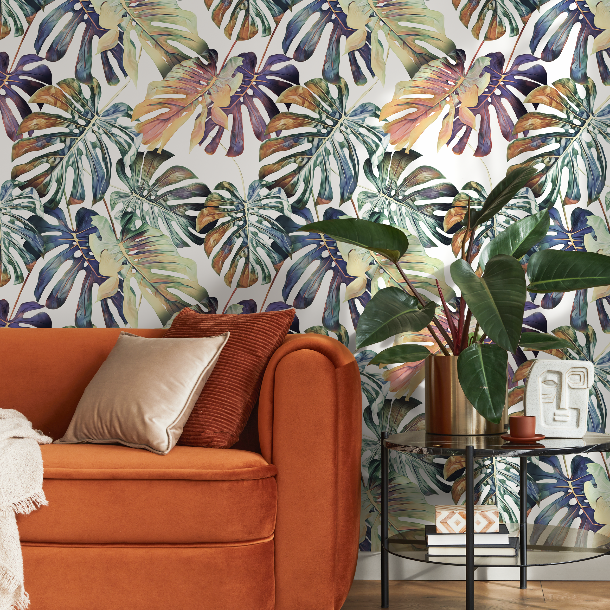 Botanical Wallpaper With Painterly Monstera Leaves In Green, Blue, And Orange - B092