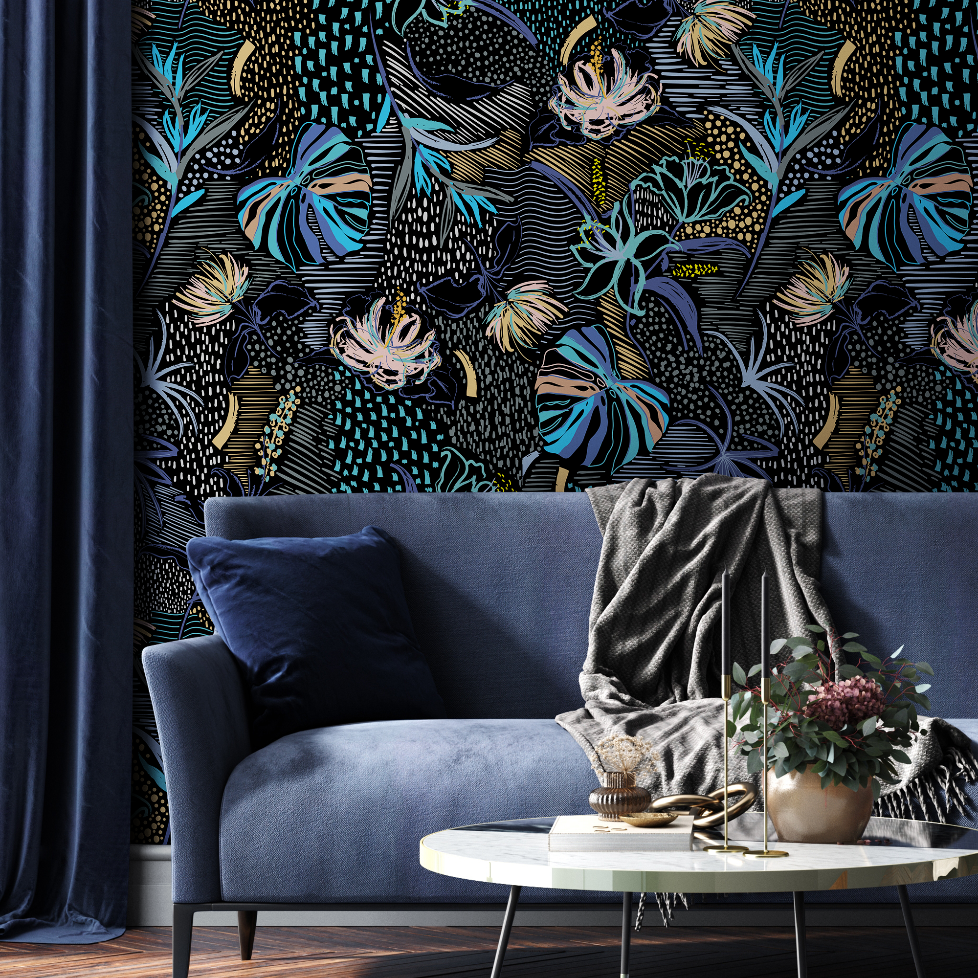 Abstract Wallpaper With Stylized Tropical Florals In Blue, Gold, And Pink - B096