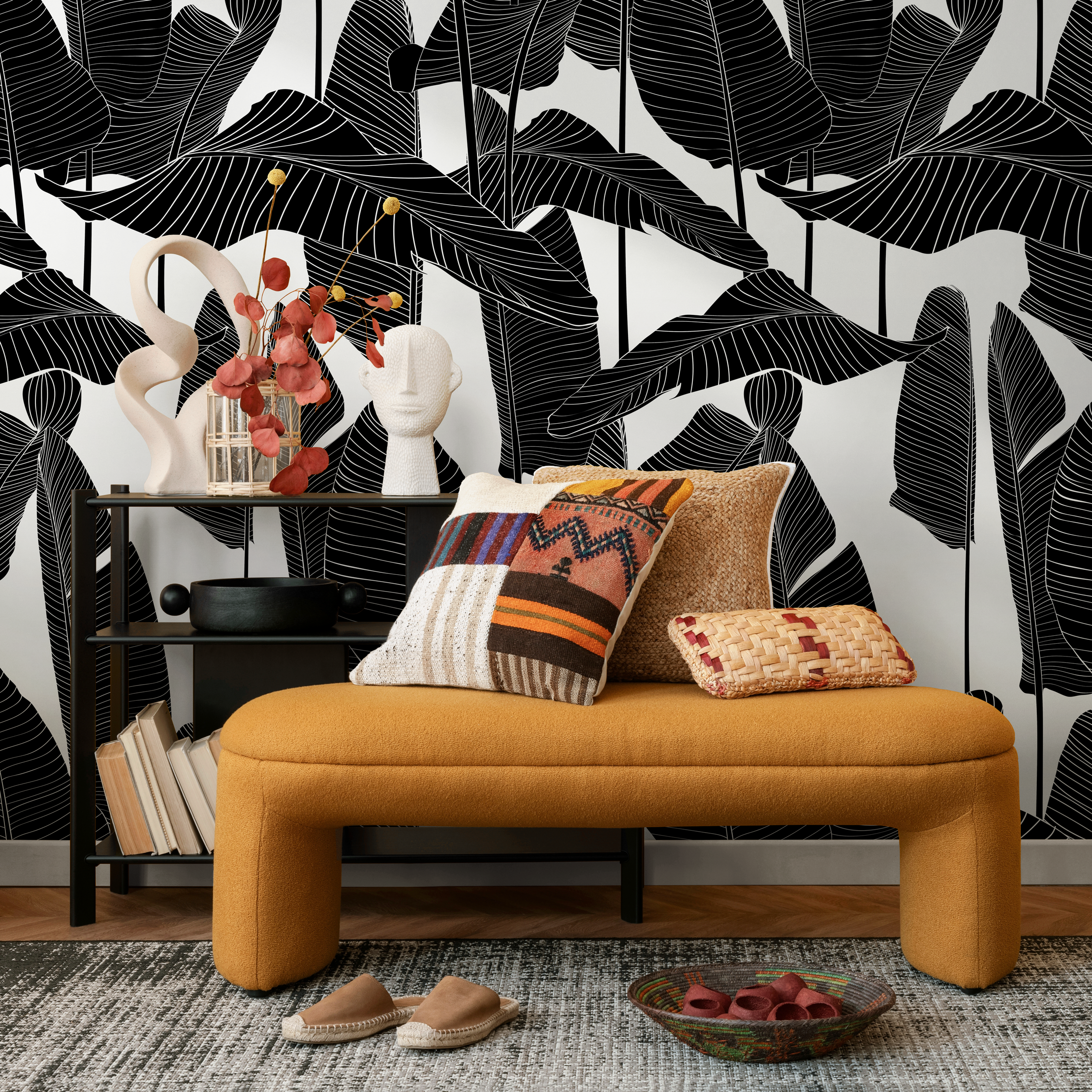 Botanical Wallpaper Featuring Bold Banana Leaves In Black And White - B097