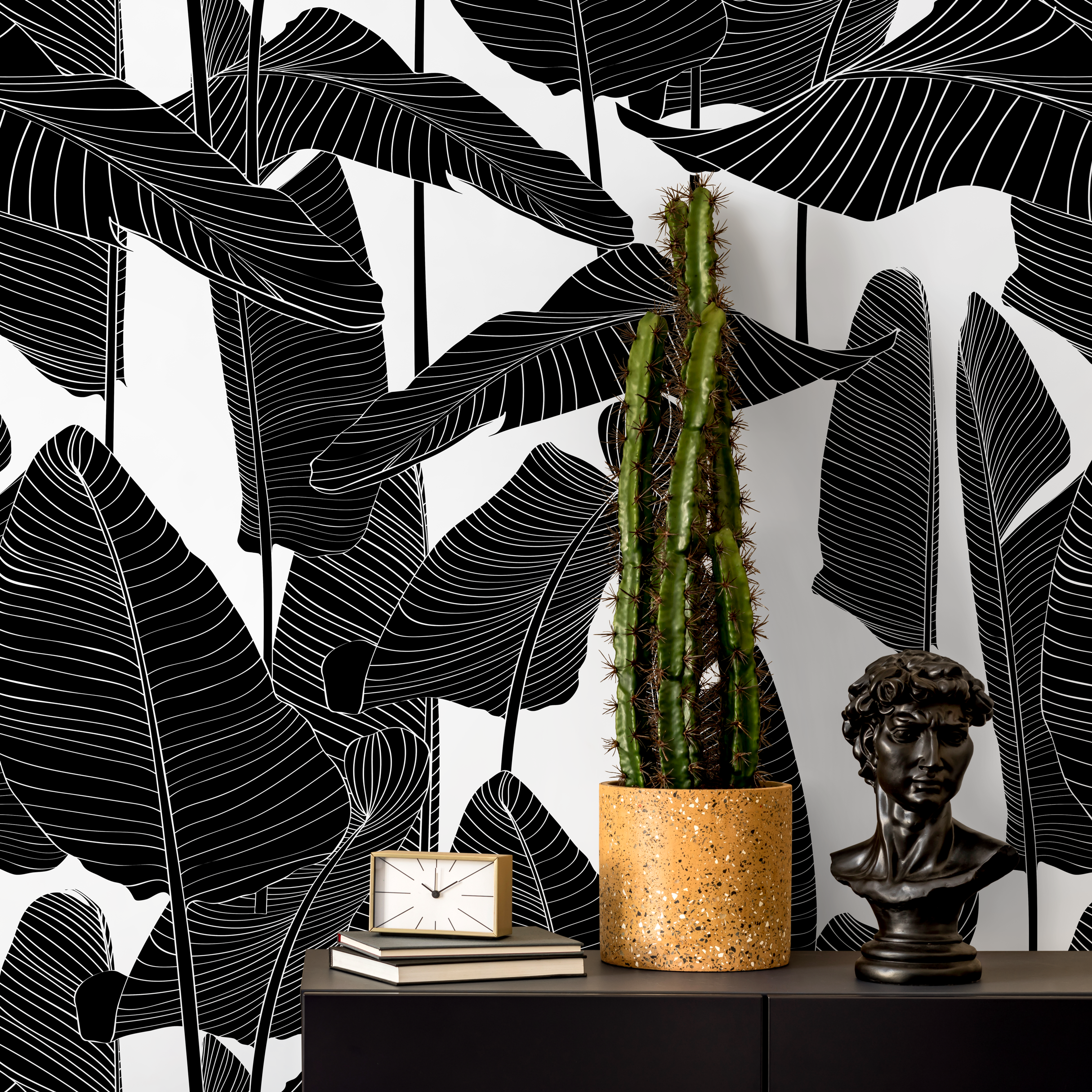 Botanical Wallpaper Featuring Bold Banana Leaves In Black And White - B097