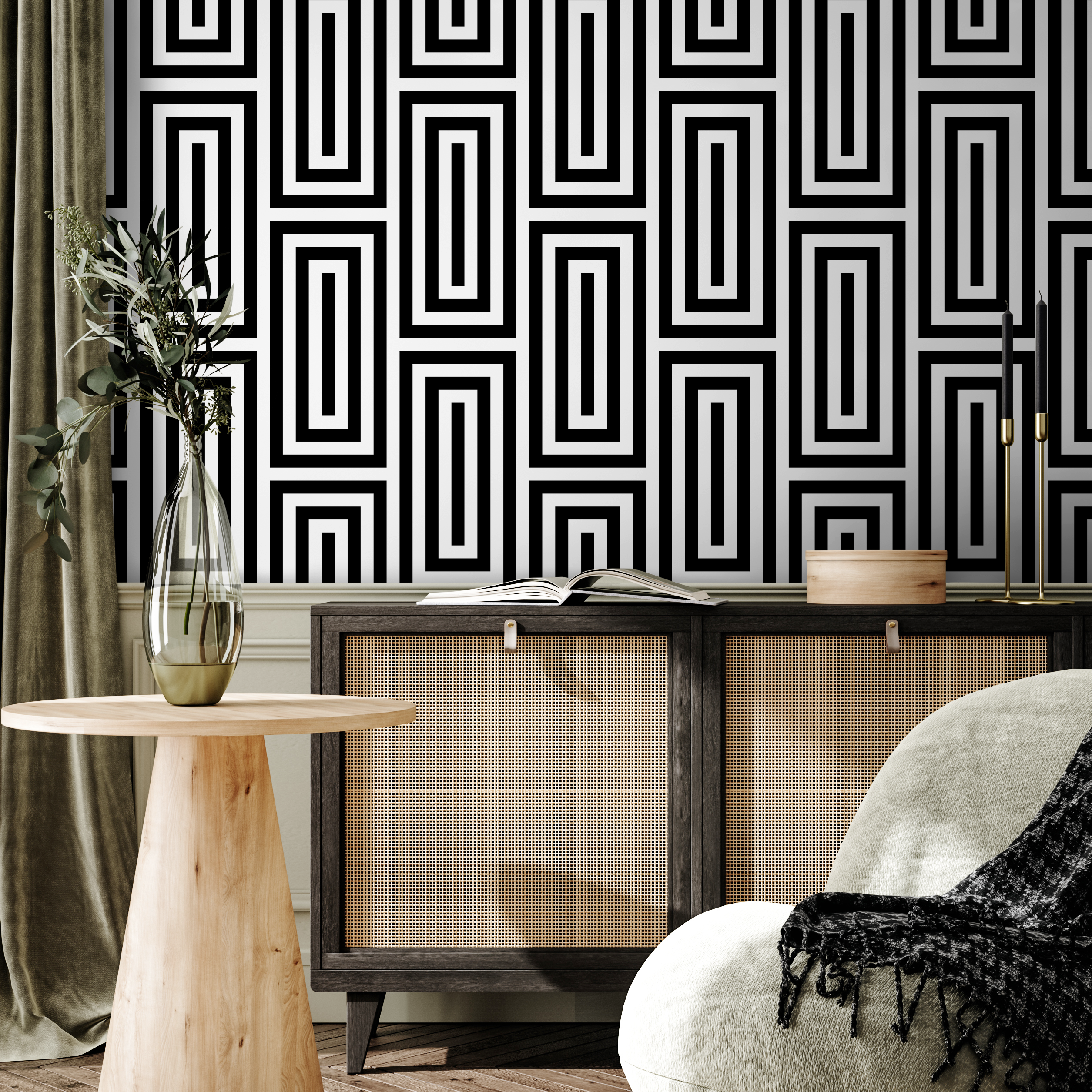 Geometric Wallpaper With Interlocking Lines In Black And White - B098