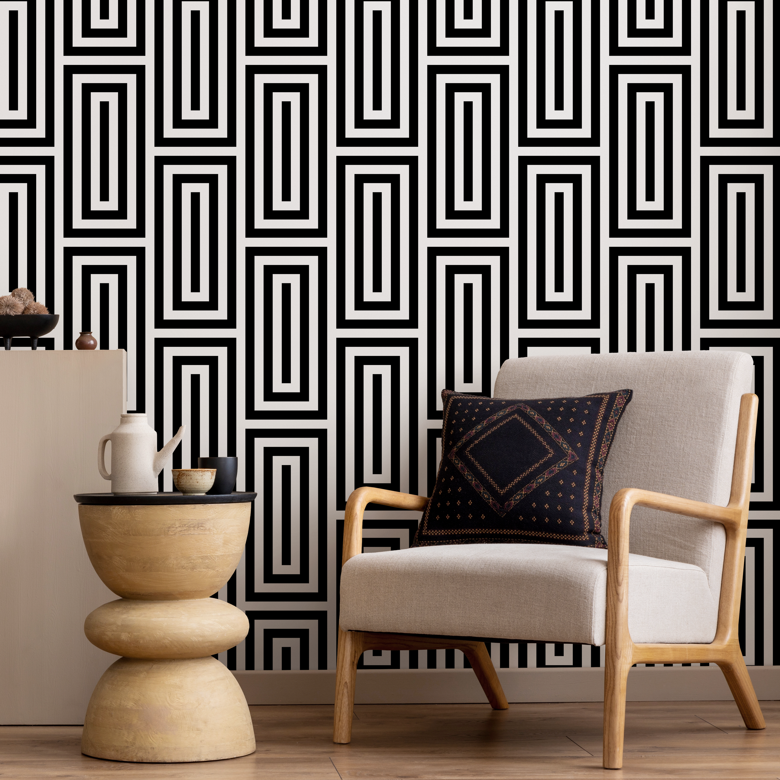 Geometric Wallpaper With Interlocking Lines In Black And White - B098