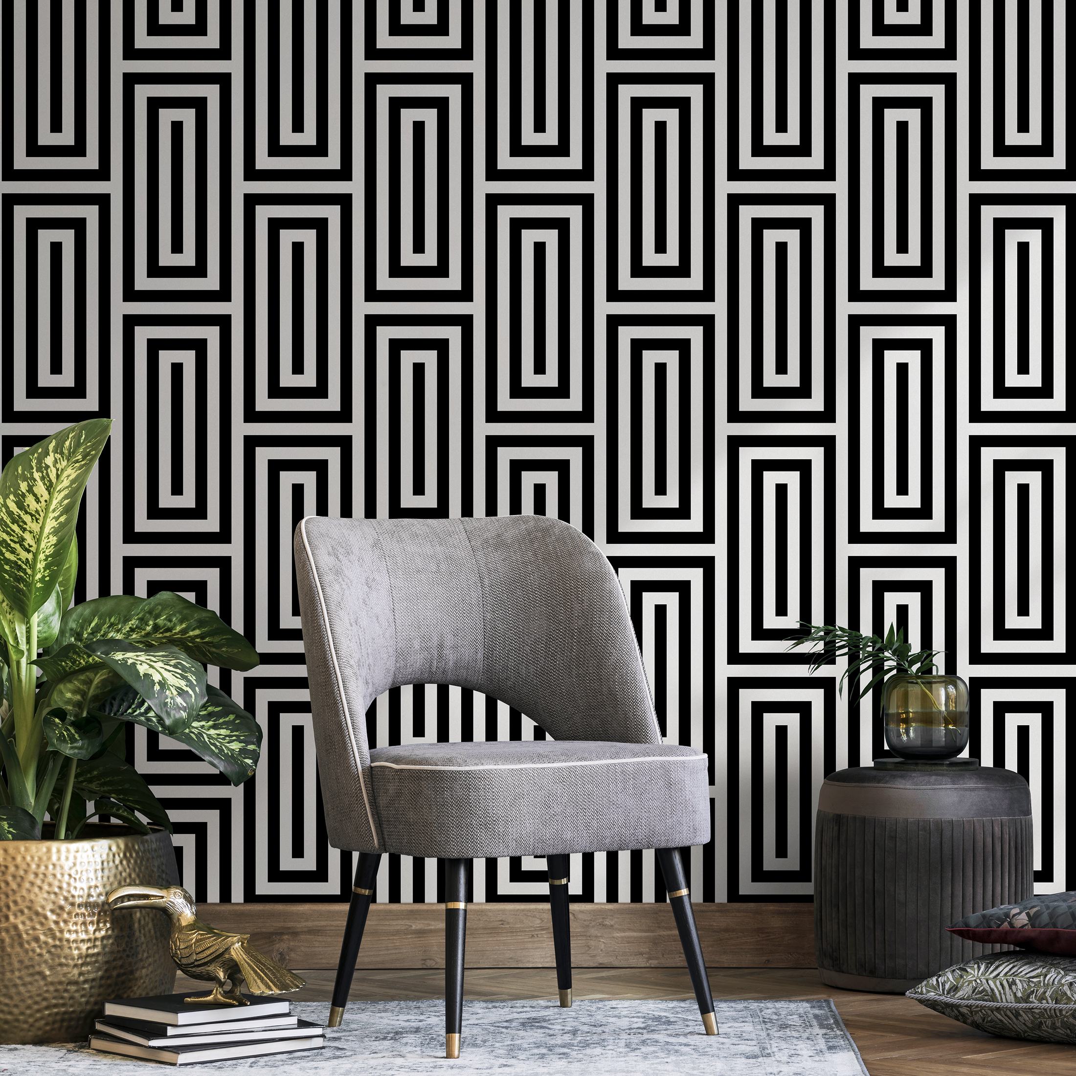Geometric Wallpaper With Interlocking Lines In Black And White - B098