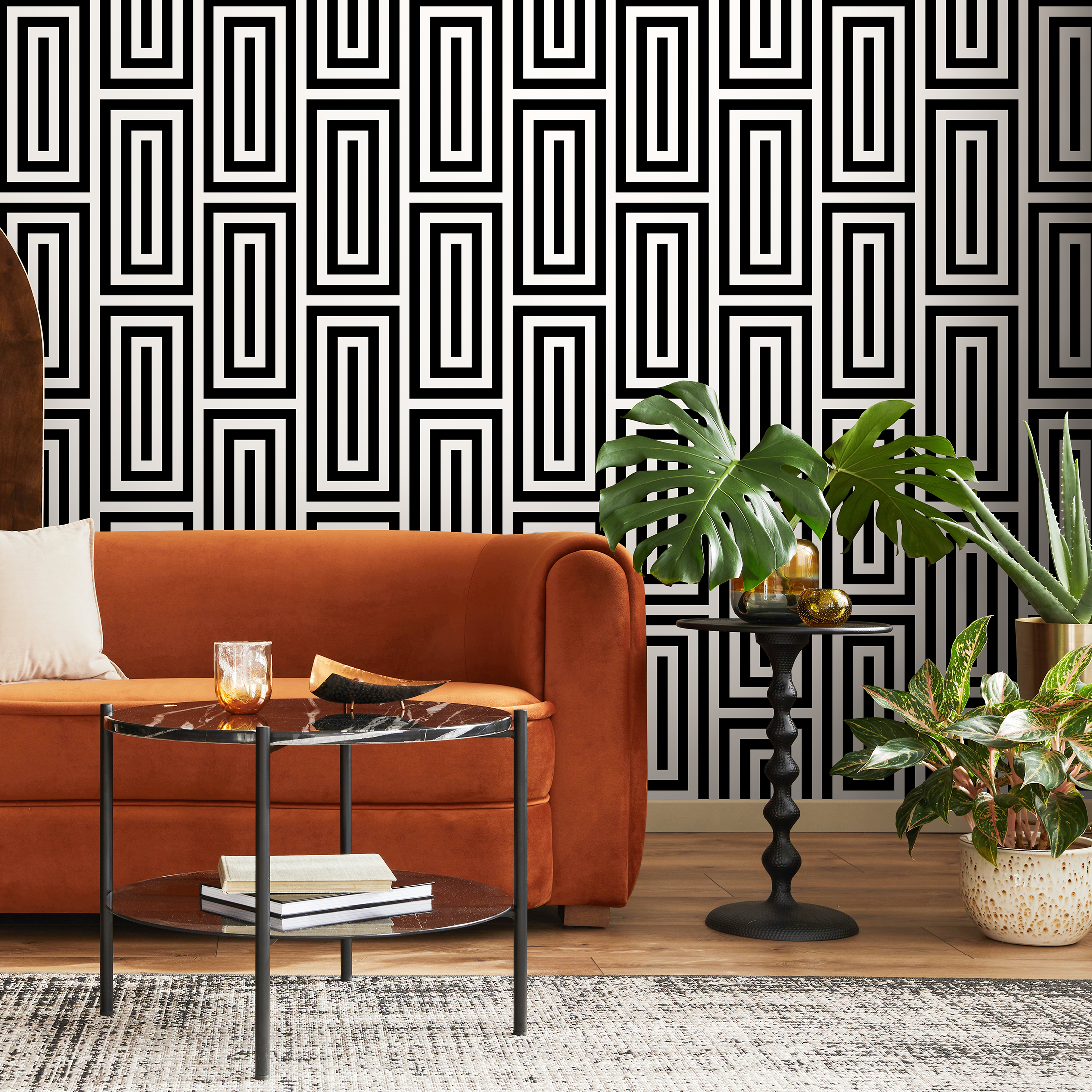 Geometric Wallpaper With Interlocking Lines In Black And White - B098