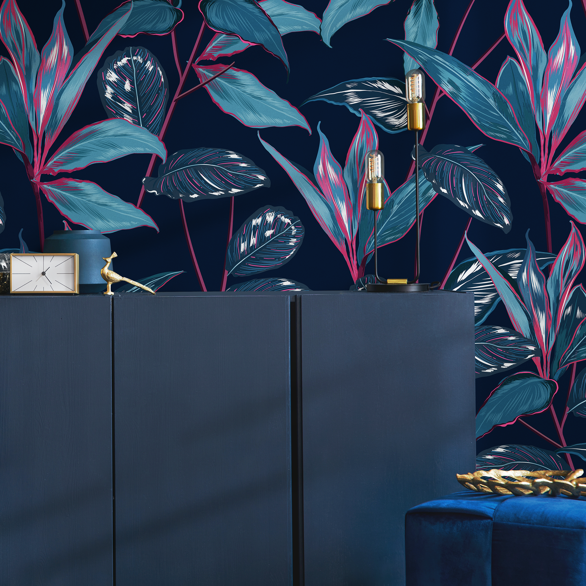 Botanical Wallpaper Featuring Tropical Leaves In Navy, Teal, And Magenta - B100