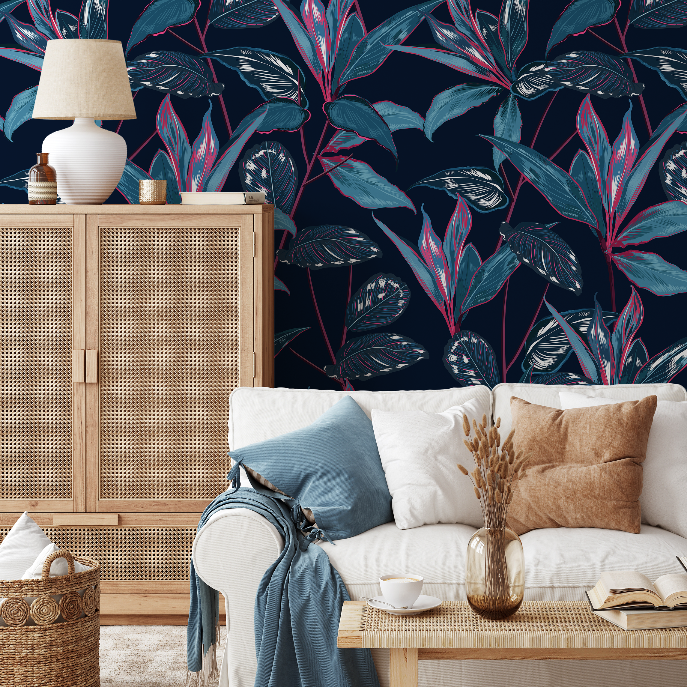 Botanical Wallpaper Featuring Tropical Leaves In Navy, Teal, And Magenta - B100