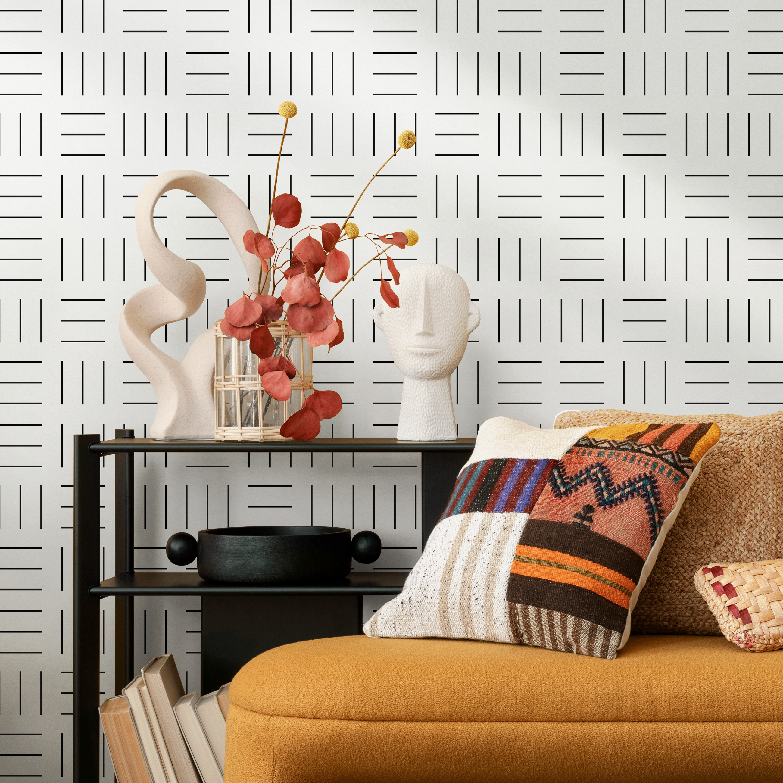 Geometric Wallpaper With An Alternating Line Pattern In Black And White - B105