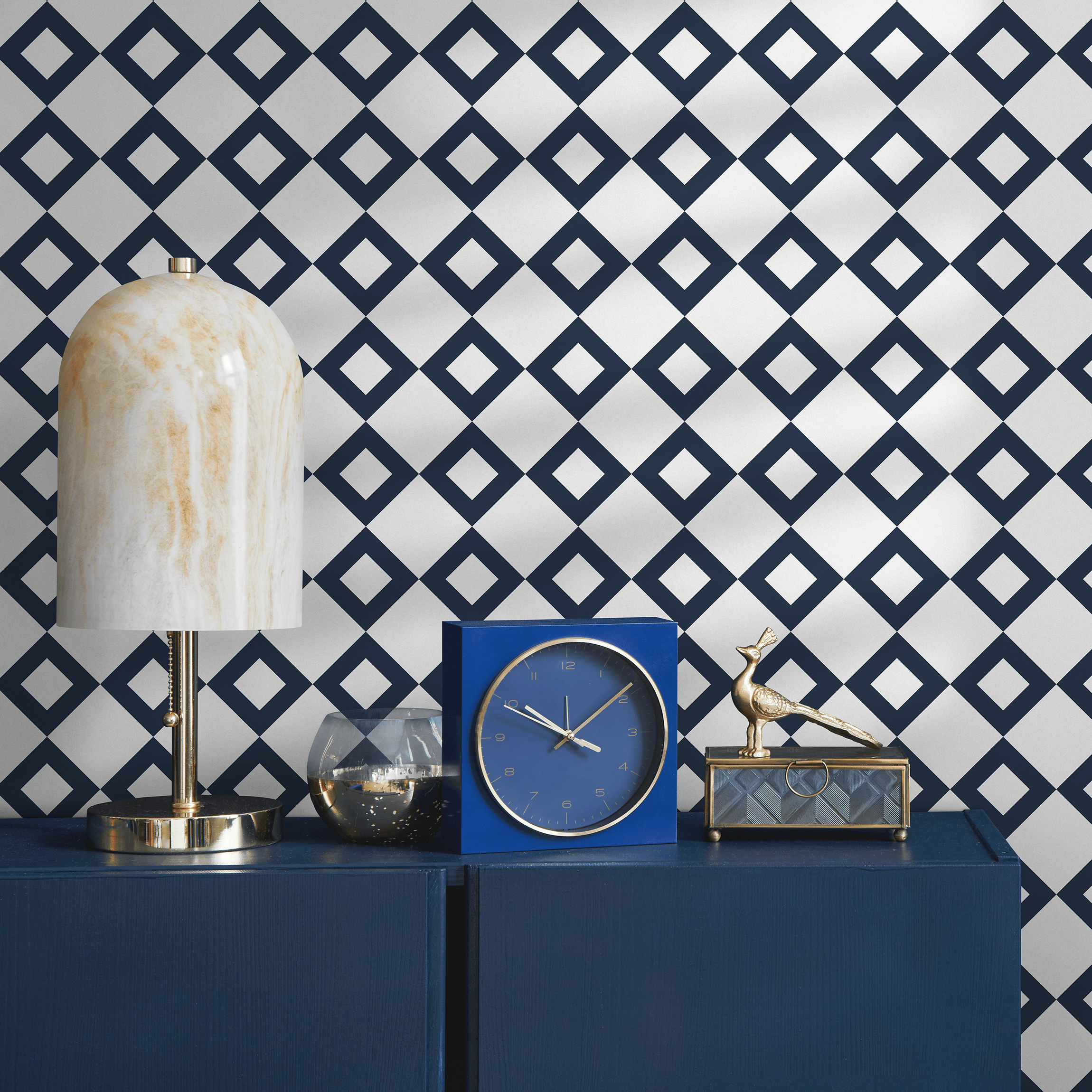 Geometric Wallpaper Featuring A Minimalist Diamond Grid In Blue And White - B107