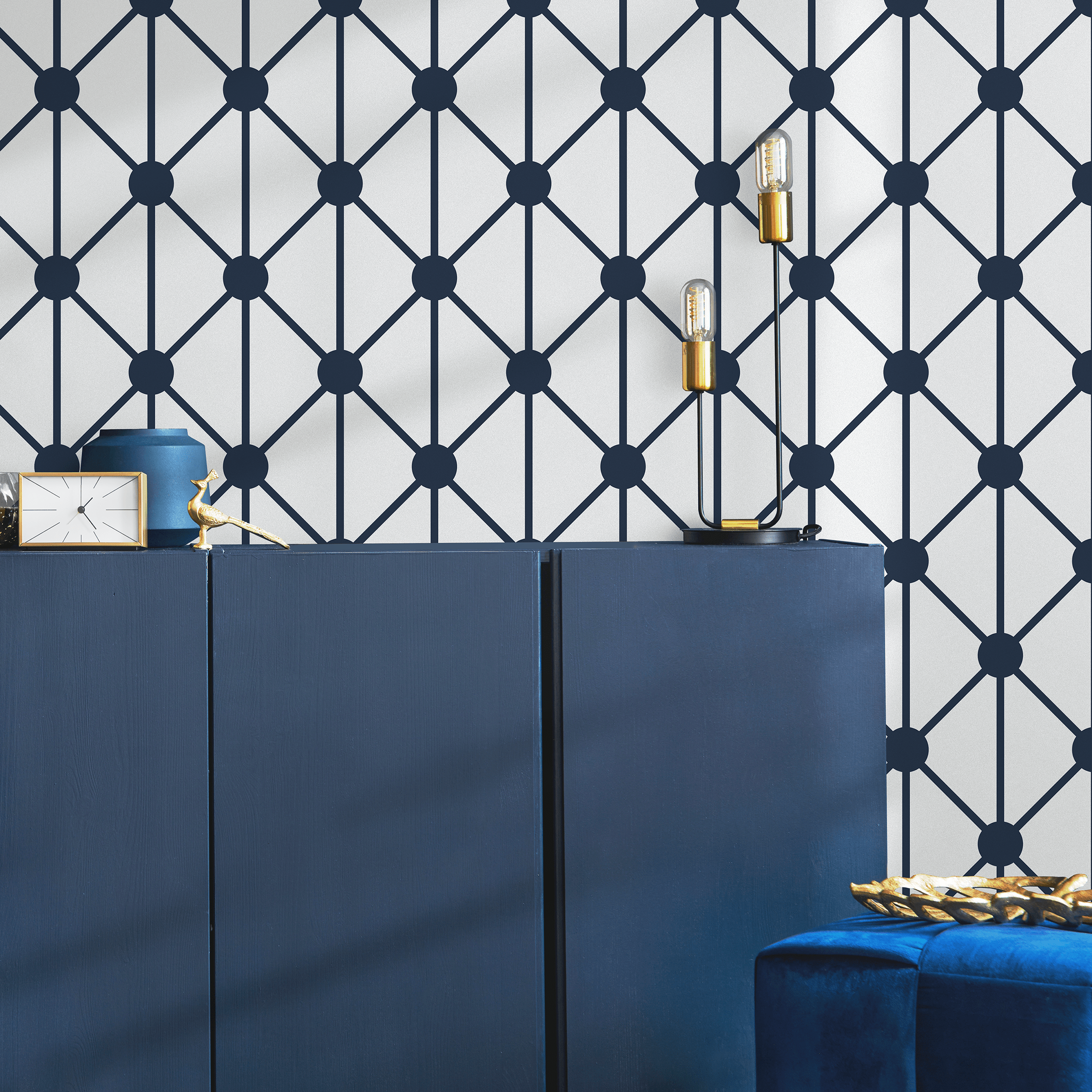 Geometric Wallpaper With A Connecting Dot Grid In Dark Blue And Light Gray - B109