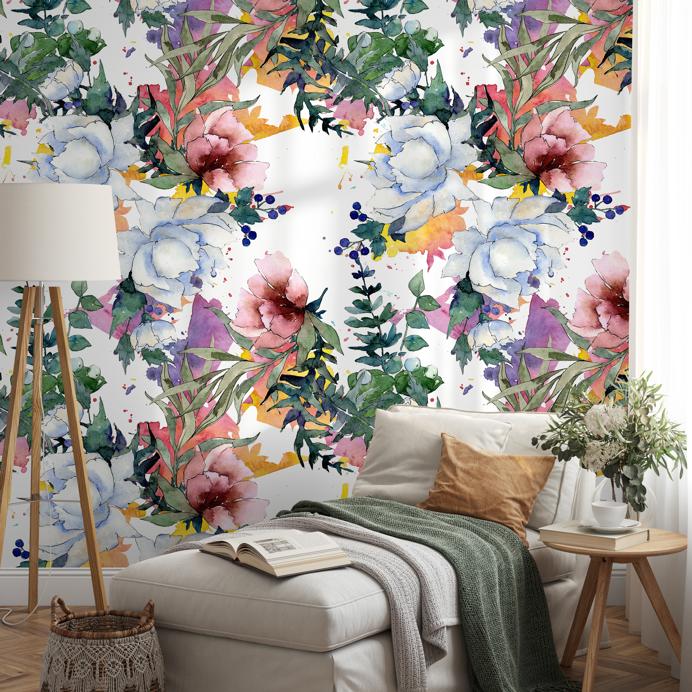 Floral Wallpaper With A Watercolor Peony Bouquet In Pink, Blue, And Green - B110