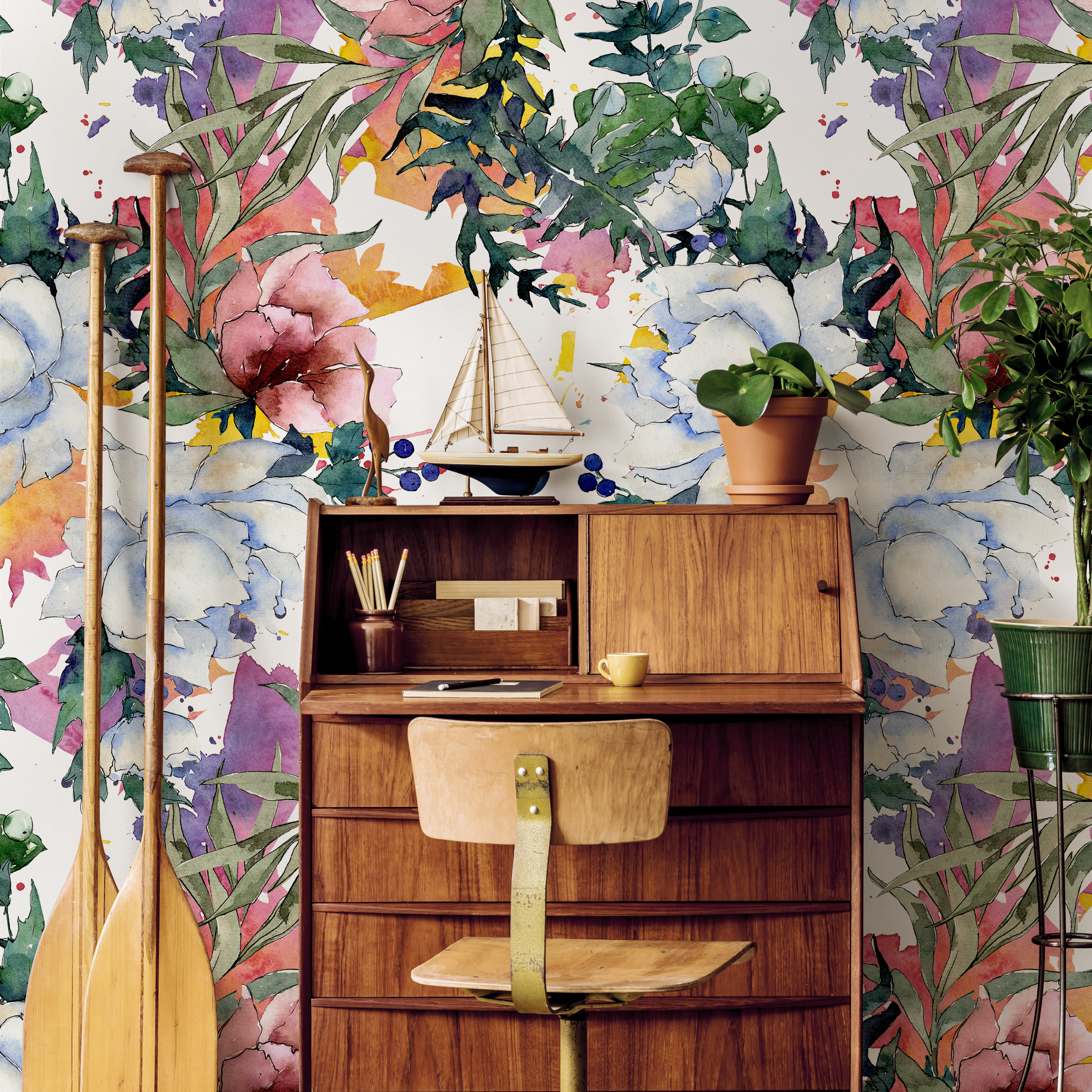 Floral Wallpaper With A Watercolor Peony Bouquet In Pink, Blue, And Green - B110