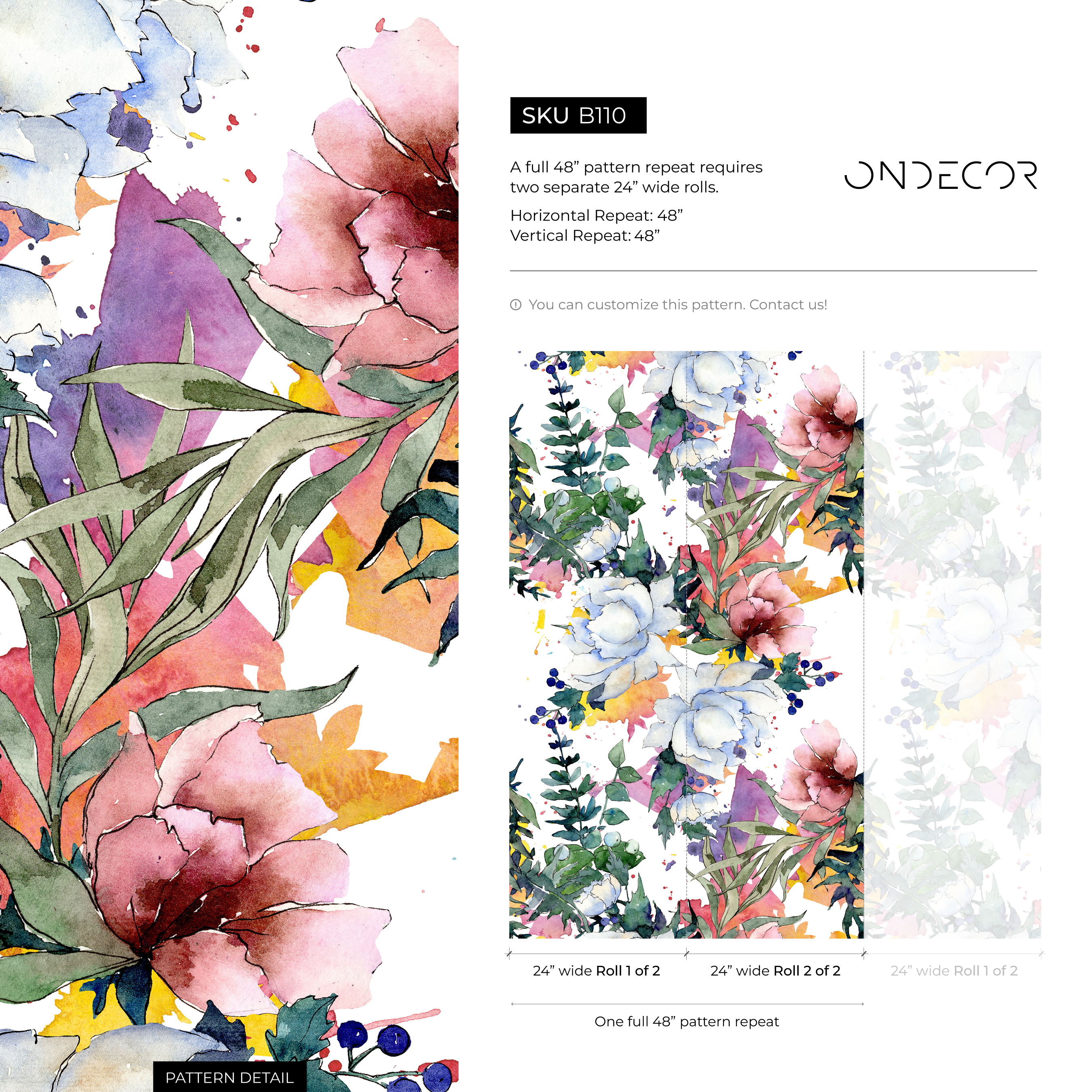 Floral Wallpaper With A Watercolor Peony Bouquet In Pink, Blue, And Green - B110