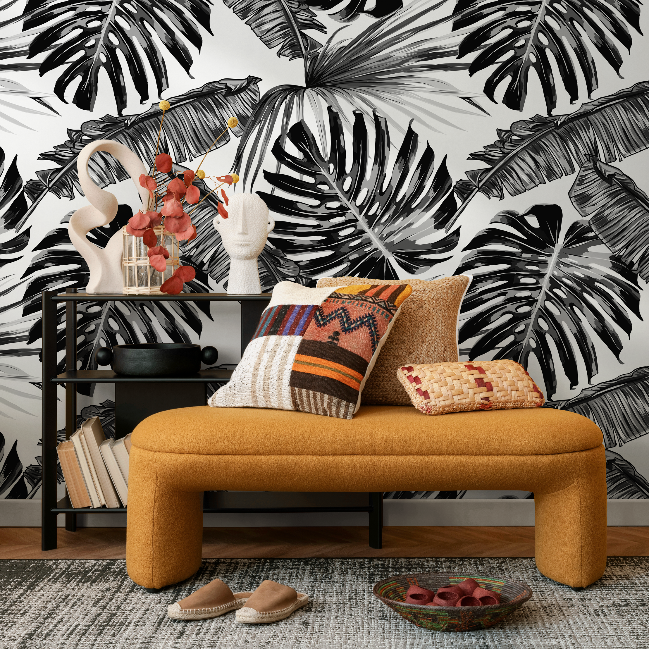 Botanical Wallpaper With Large-scale Monstera Leaves In Black And White - B118