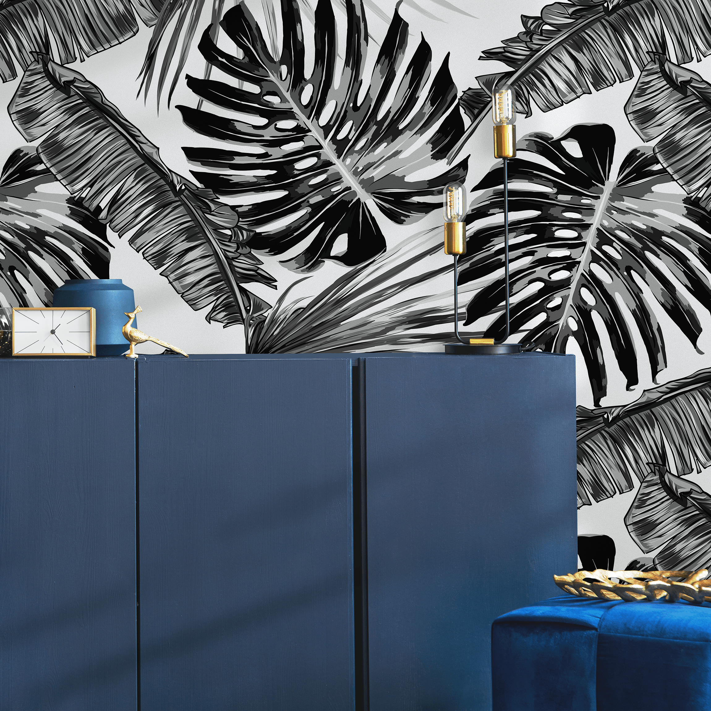 Botanical Wallpaper With Large-scale Monstera Leaves In Black And White - B118