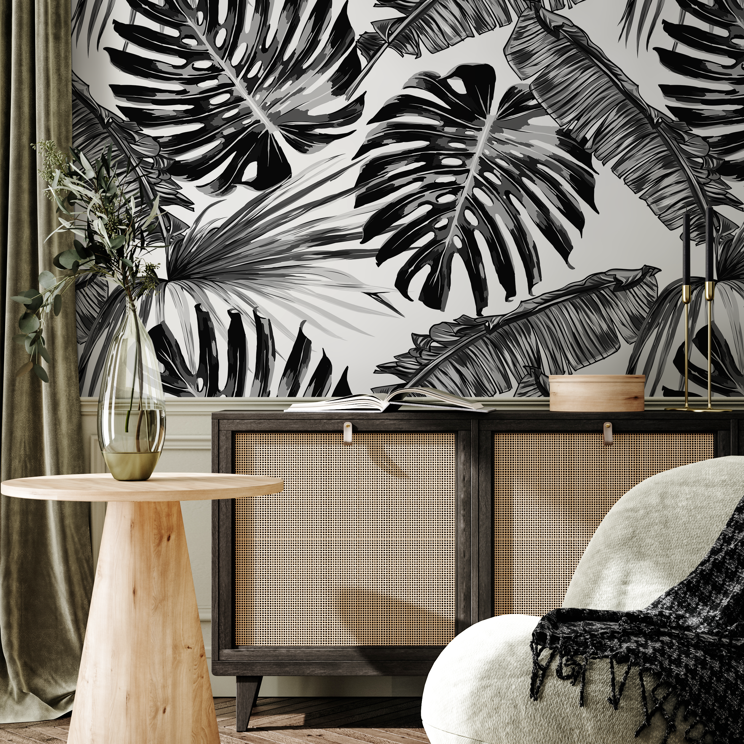 Botanical Wallpaper With Large-scale Monstera Leaves In Black And White - B118