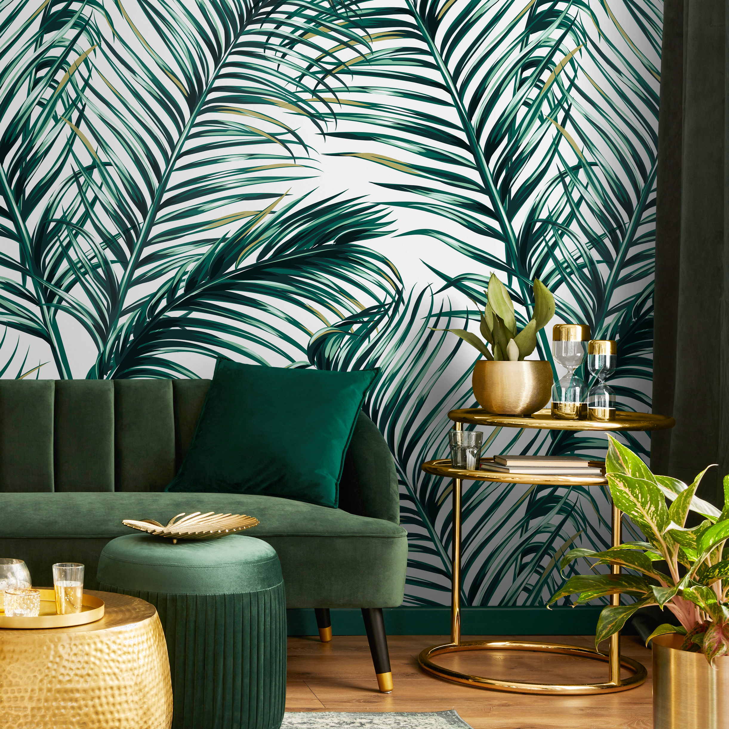 Tropical Wallpaper With Overlapping Palm Leaves In Green And Khaki - B121