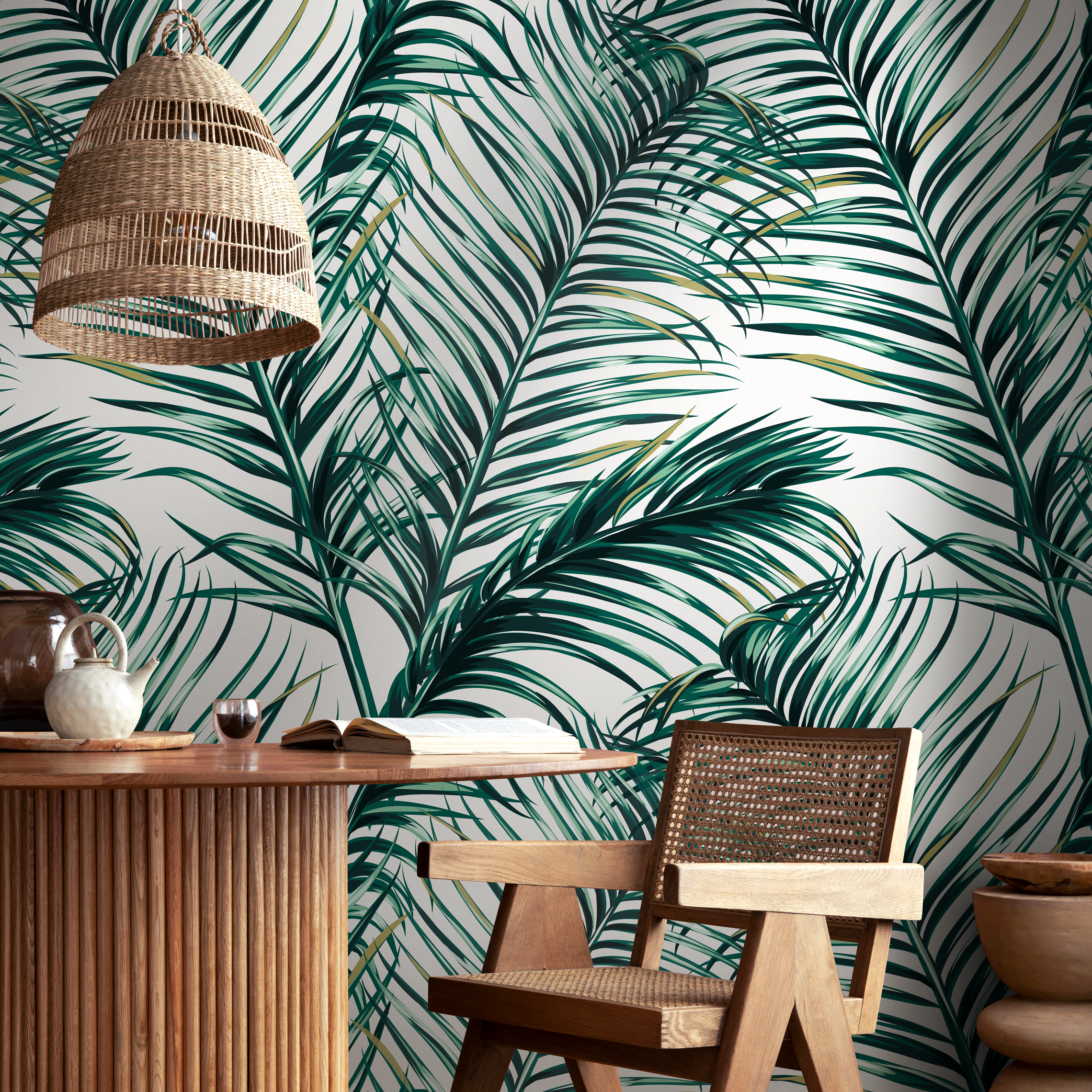 Tropical Wallpaper With Overlapping Palm Leaves In Green And Khaki - B121