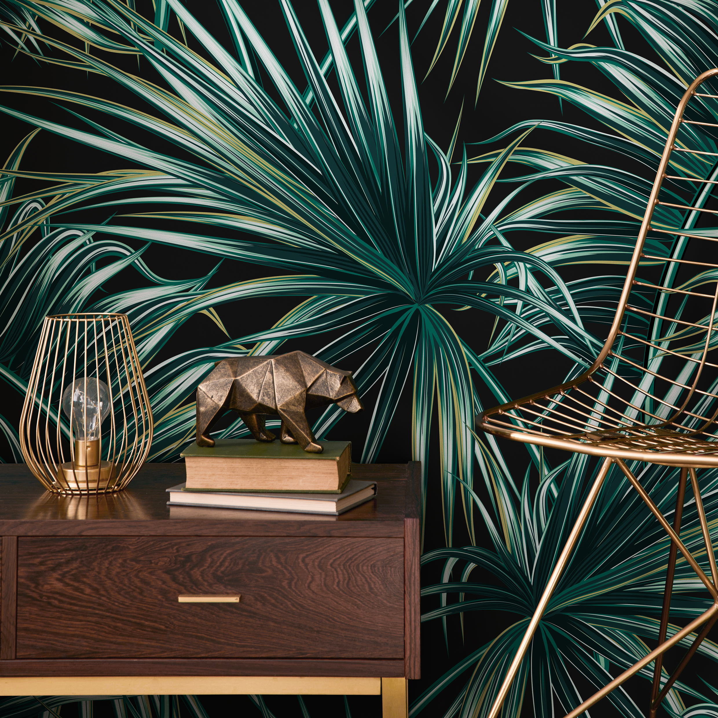 Botanical Wallpaper With Lush Palm Fronds In Green And Black - B122