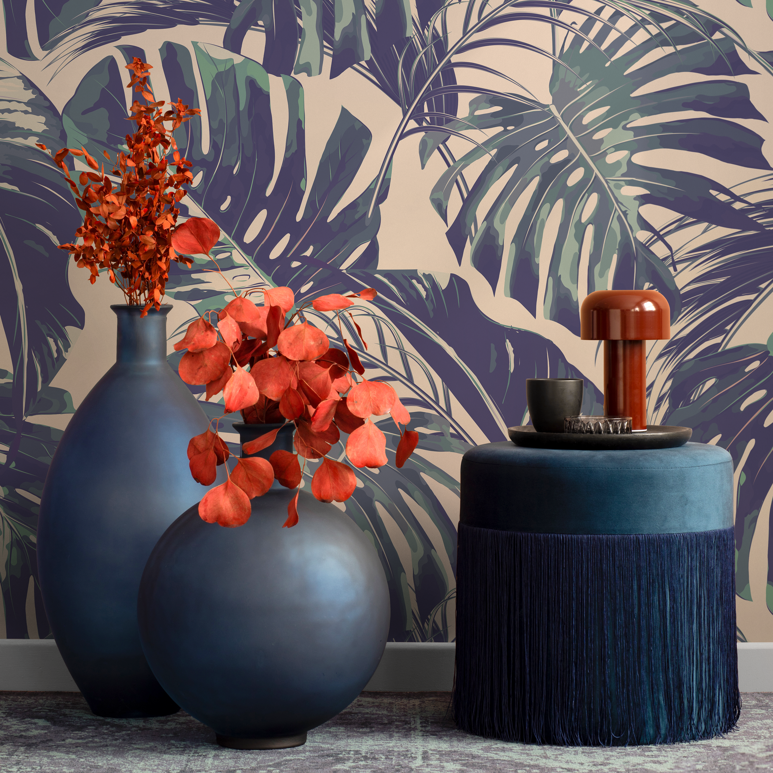 Tropical Wallpaper With Monstera Leaves In Purple, Green, And Beige - B127