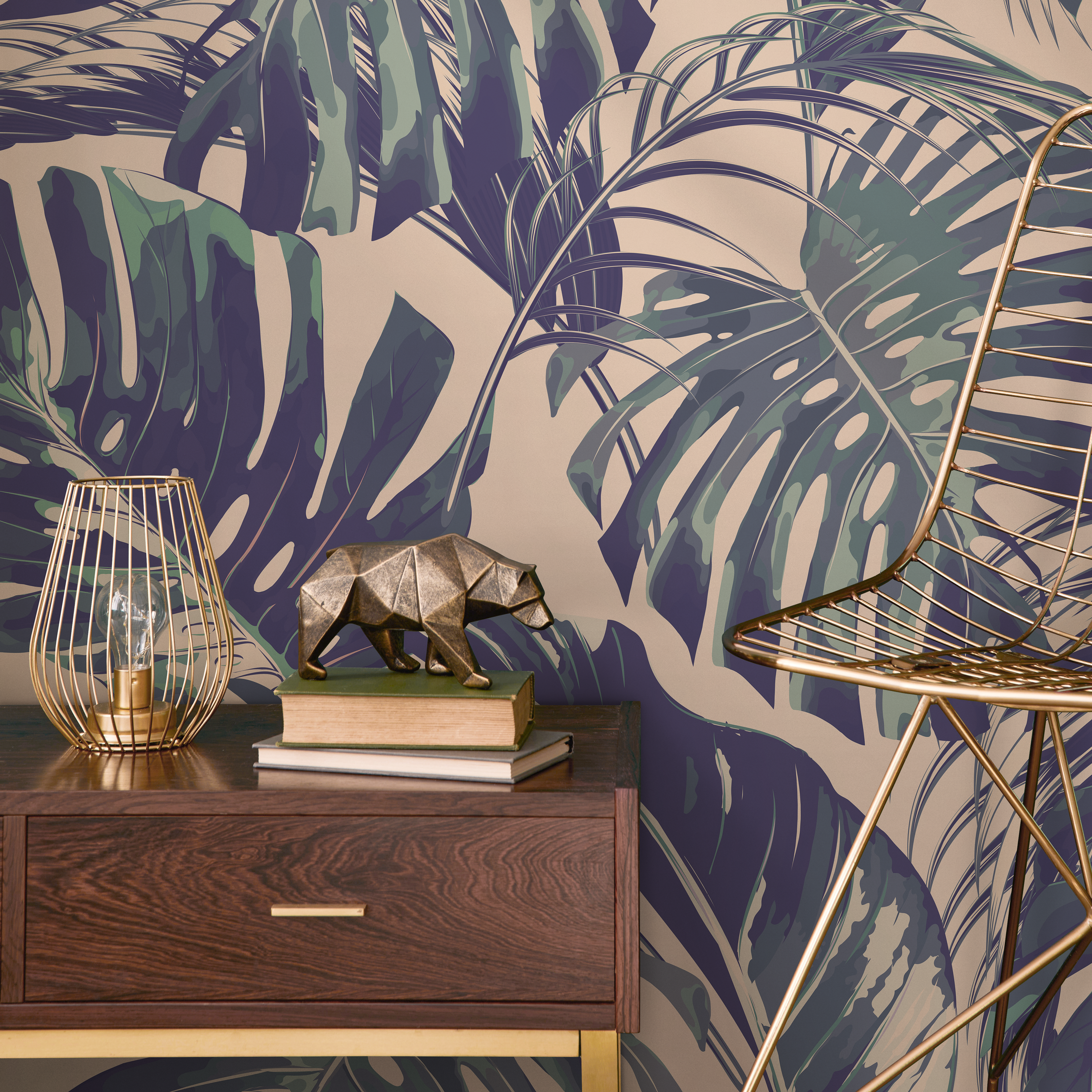 Tropical Wallpaper With Monstera Leaves In Purple, Green, And Beige - B127