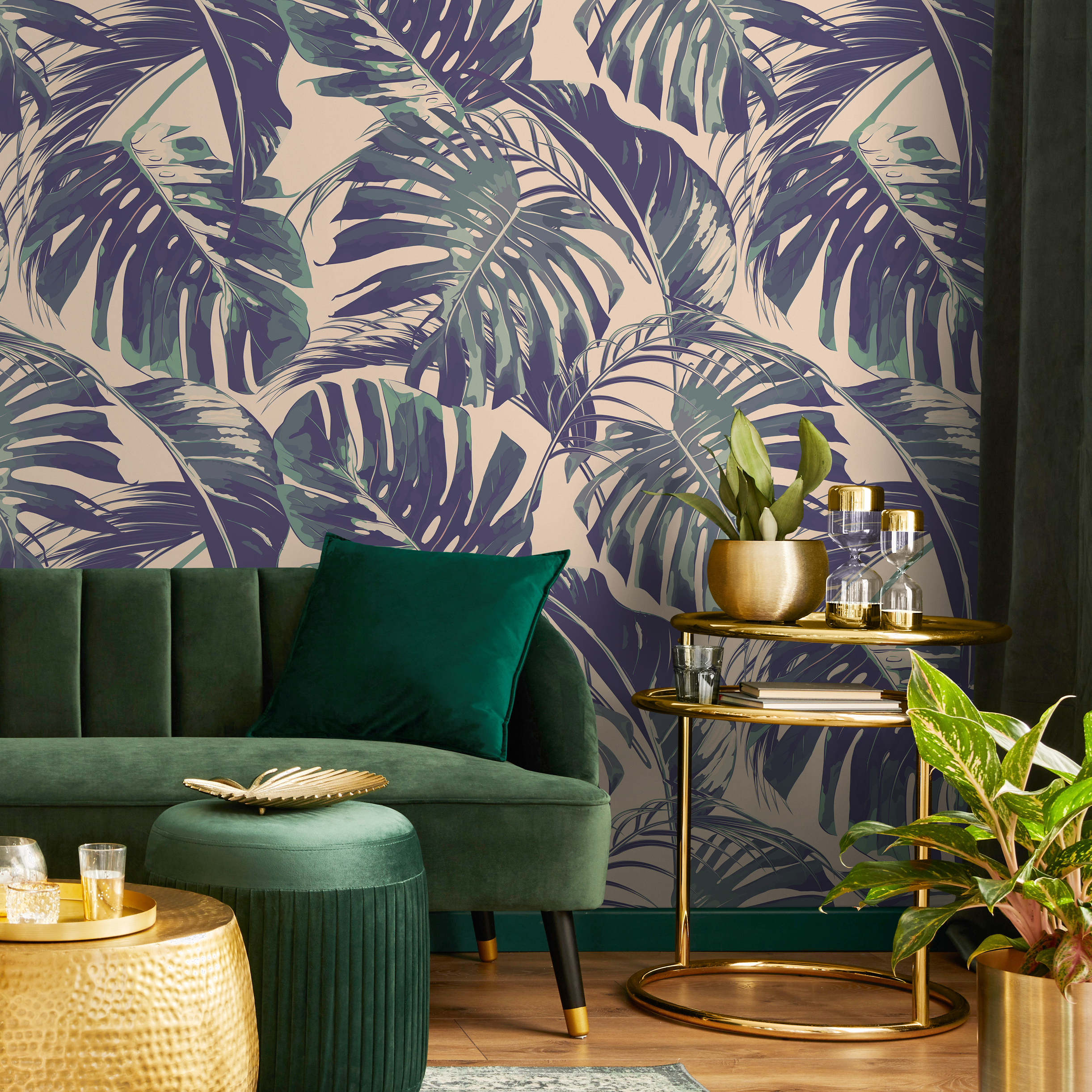 Tropical Wallpaper With Monstera Leaves In Purple, Green, And Beige - B127