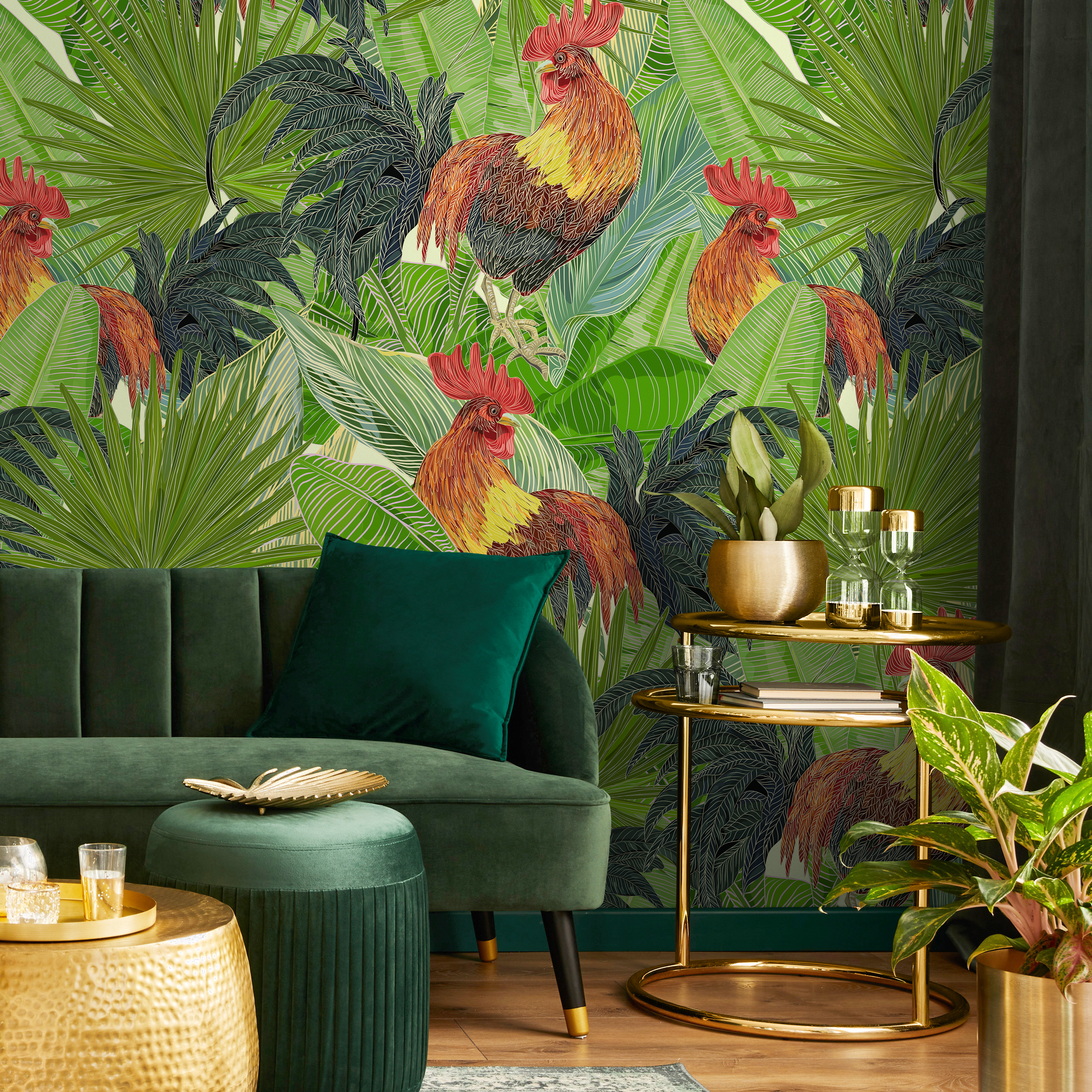 Tropical Wallpaper With Roosters And Palm Leaves In Green And Red - B129