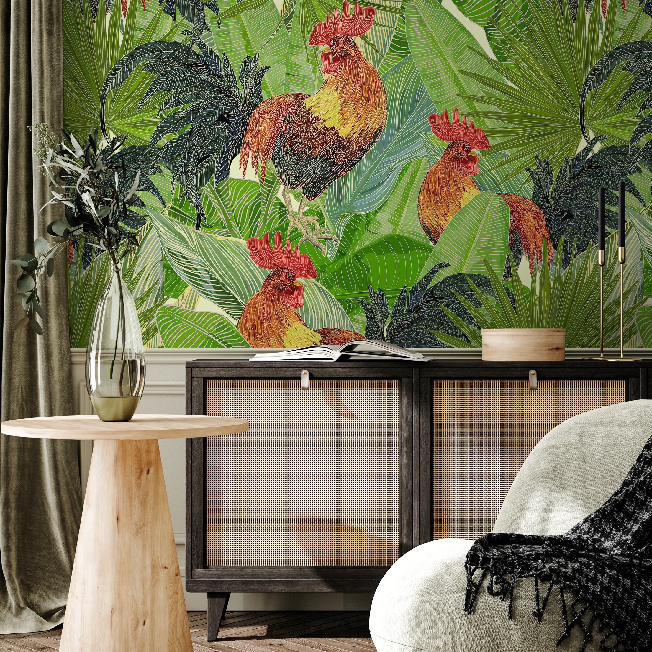 Tropical Wallpaper With Roosters And Palm Leaves In Green And Red - B129