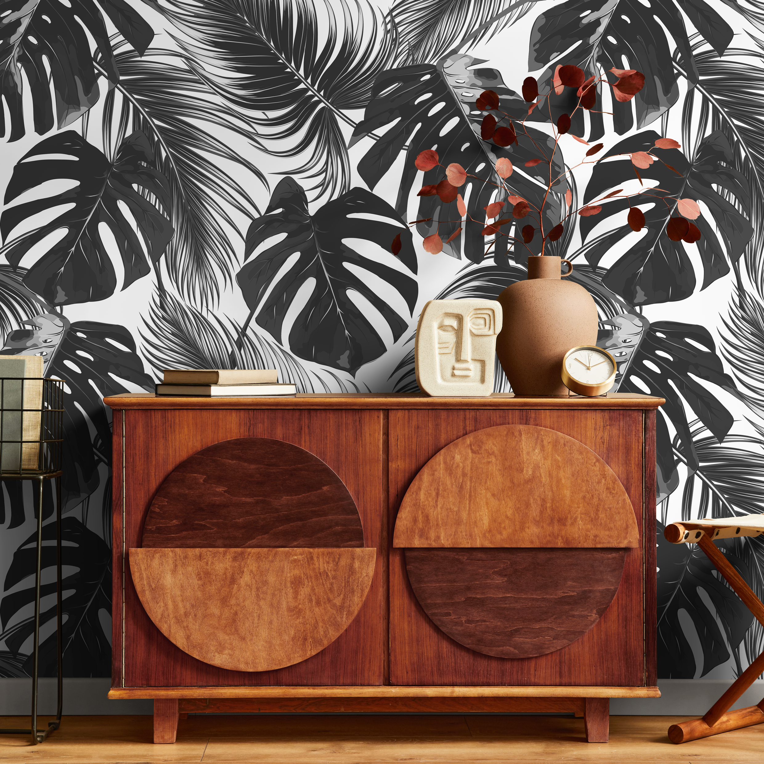 Botanical Wallpaper With Monstera And Palm Leaves In Black And Gray - B130