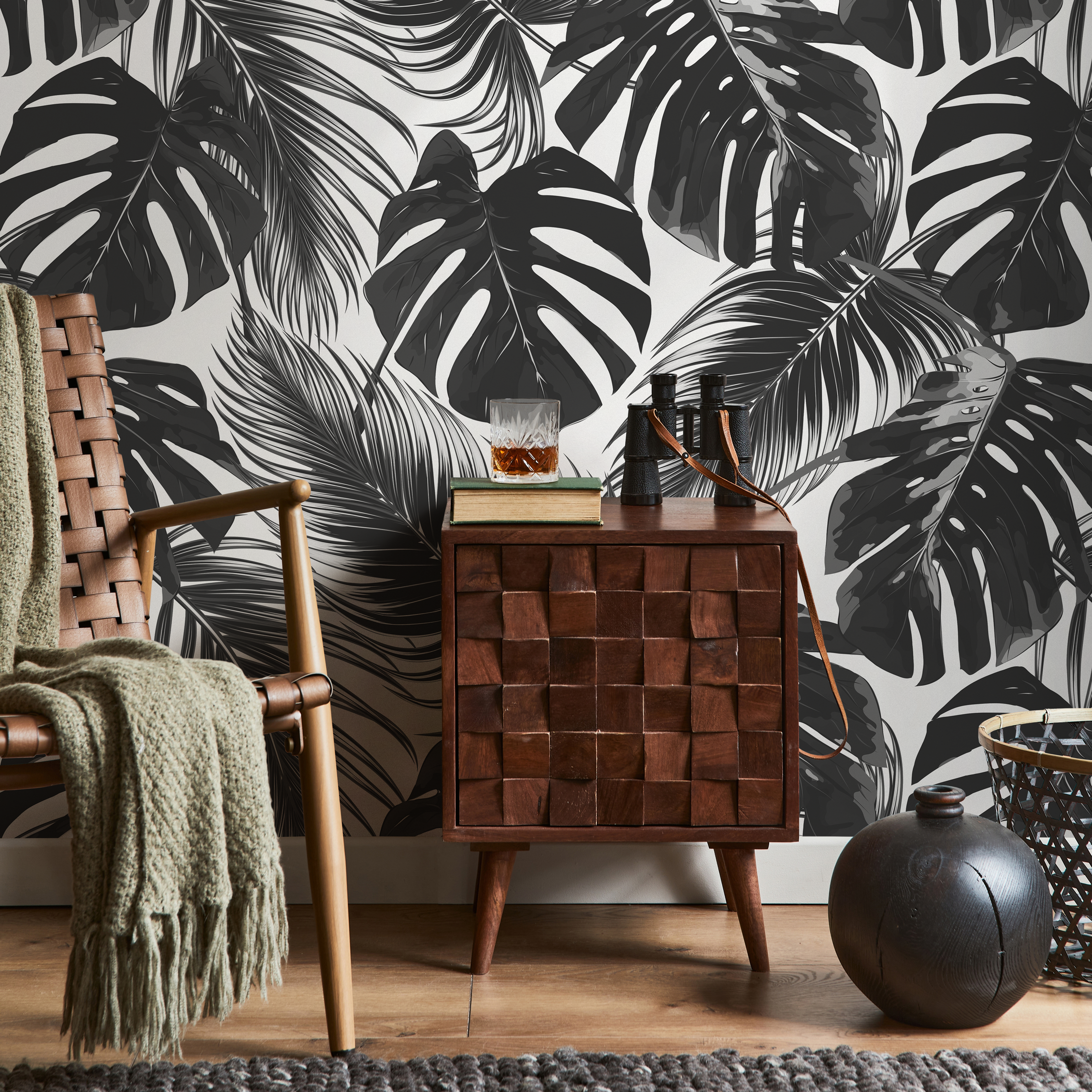 Botanical Wallpaper With Monstera And Palm Leaves In Black And Gray - B130