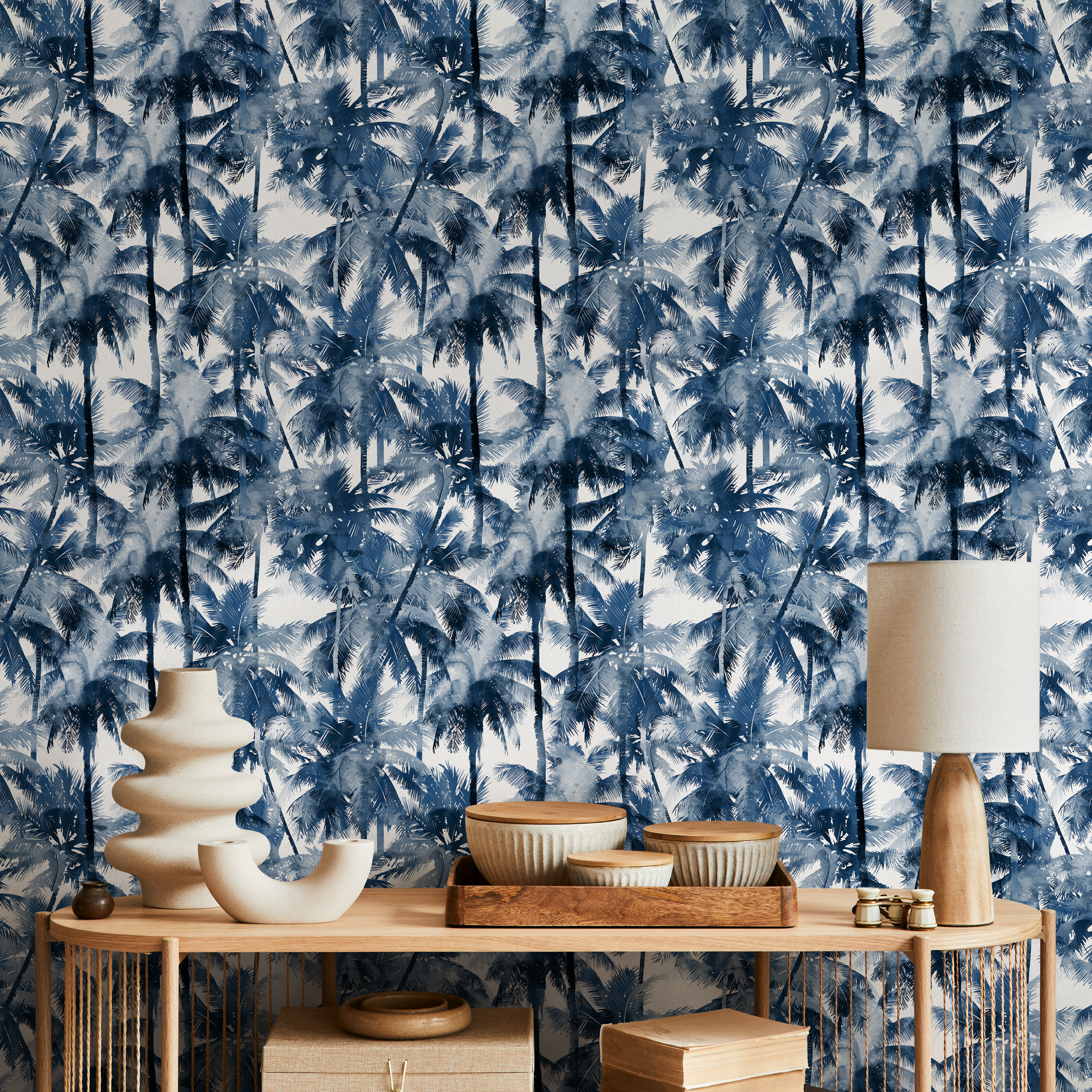 Botanical Wallpaper With A Watercolor Palm Tree Forest In Navy Blue - B133