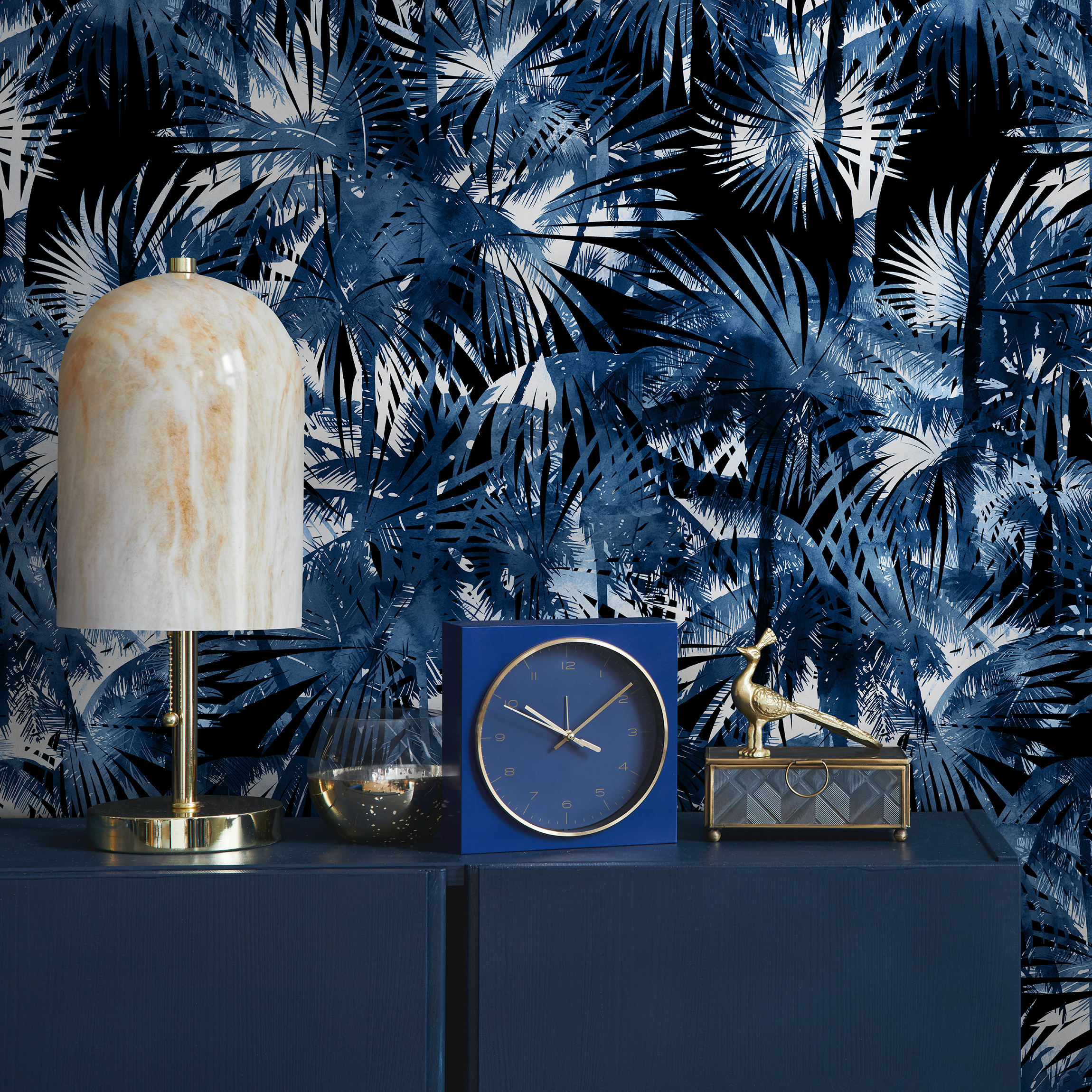 Tropical Wallpaper With Layered Palm Fronds In Navy Blue And Black - B136