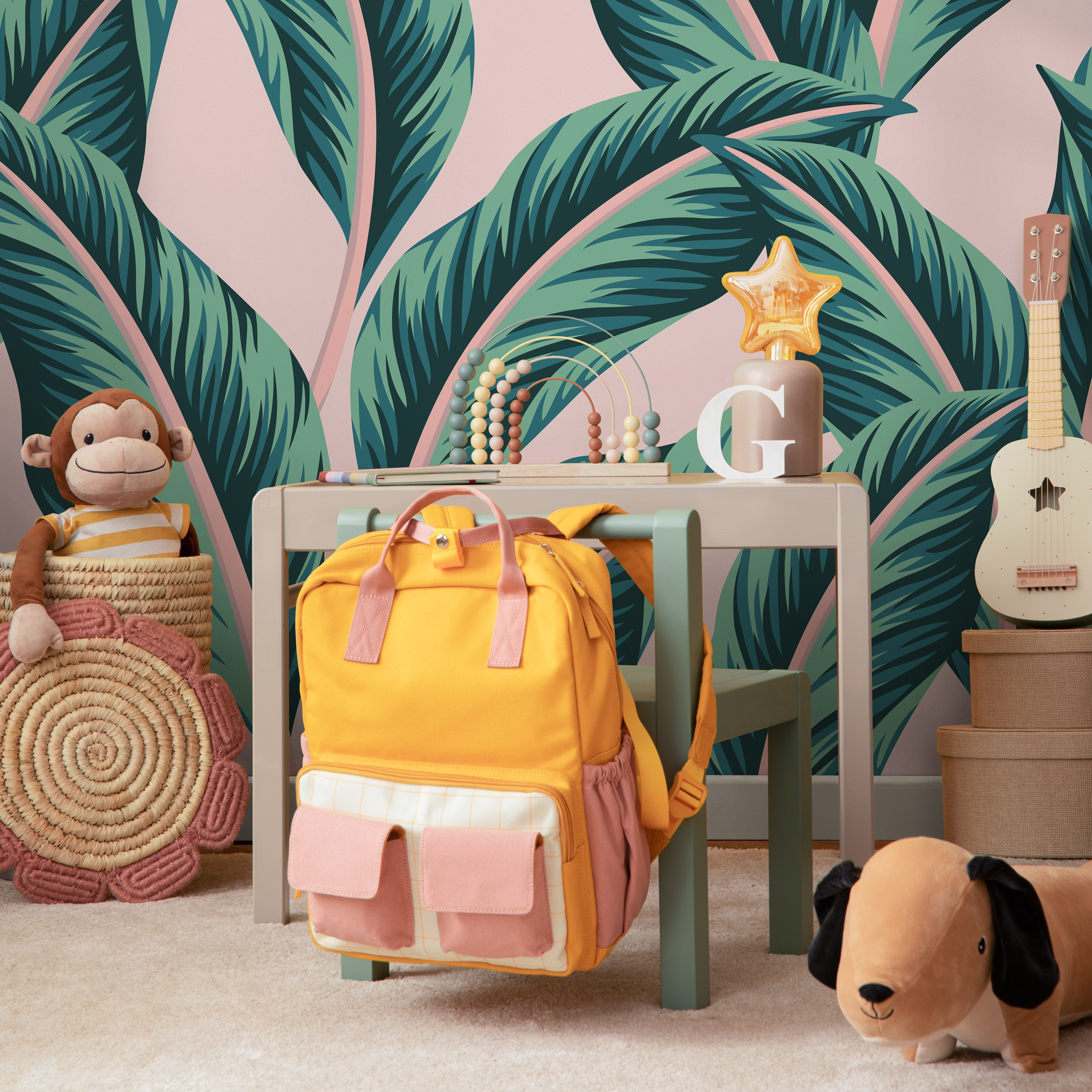 Botanical Wallpaper Featuring Oversized Tropical Leaves In Pink And Green - B140