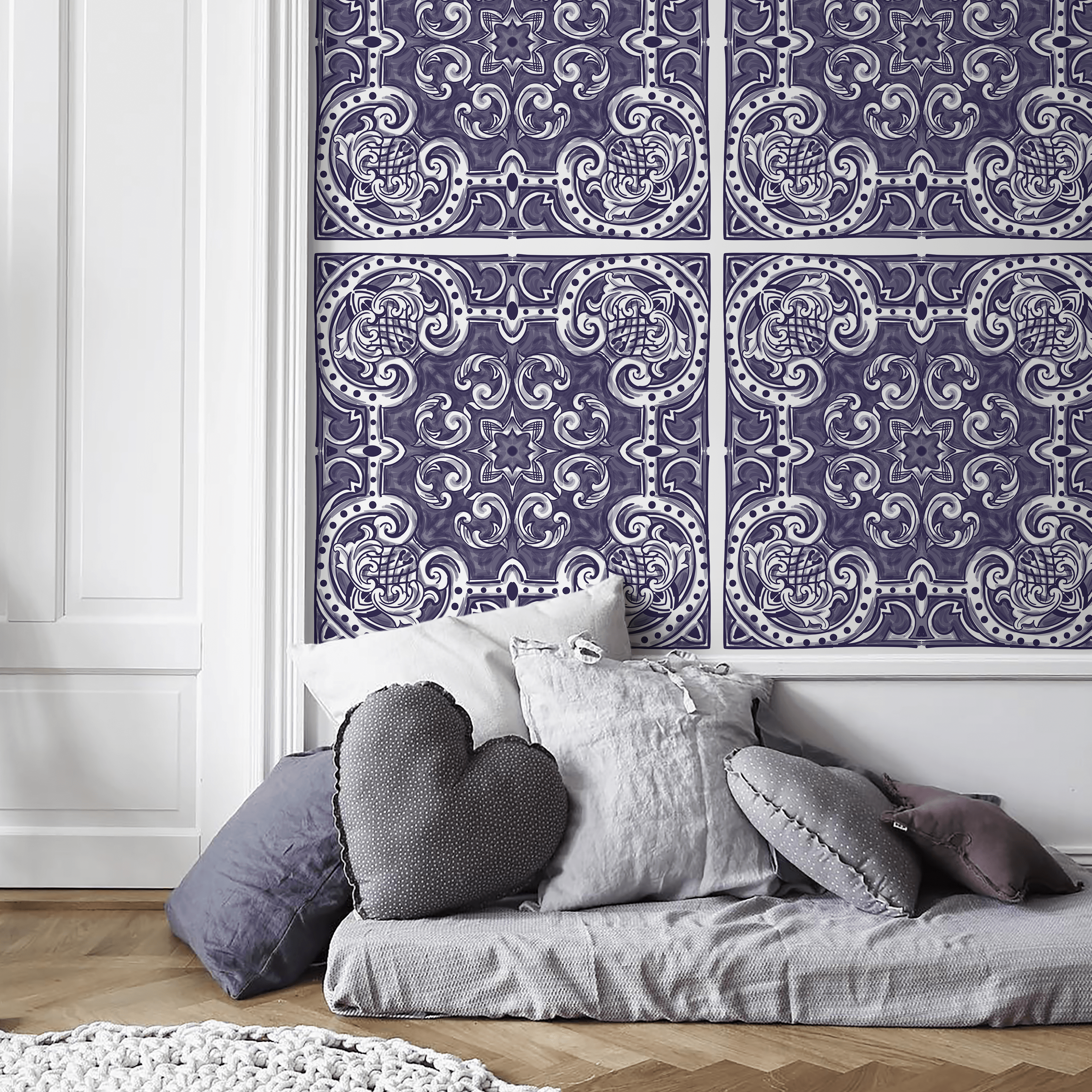 Vintage Tile Wallpaper With An Ornate Azulejo Motif In Blue And White - B142