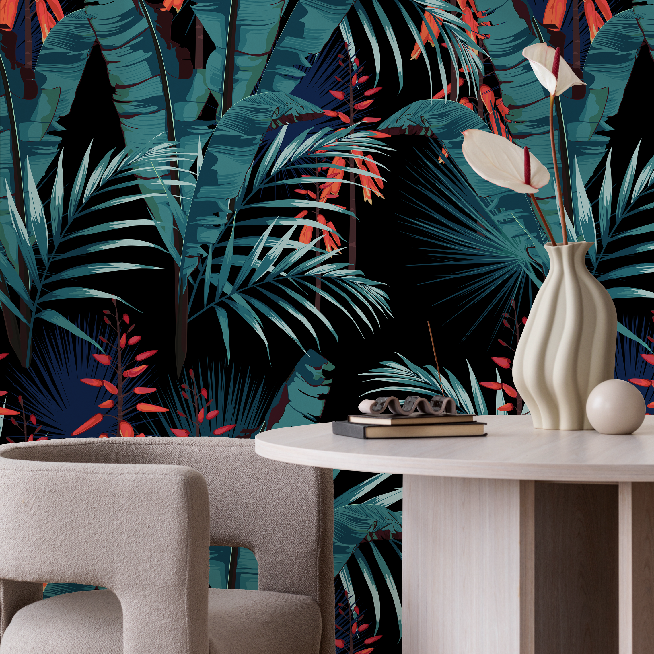 Tropical Wallpaper With Lush Palm Leaves In Teal, Orange, And Black - B143