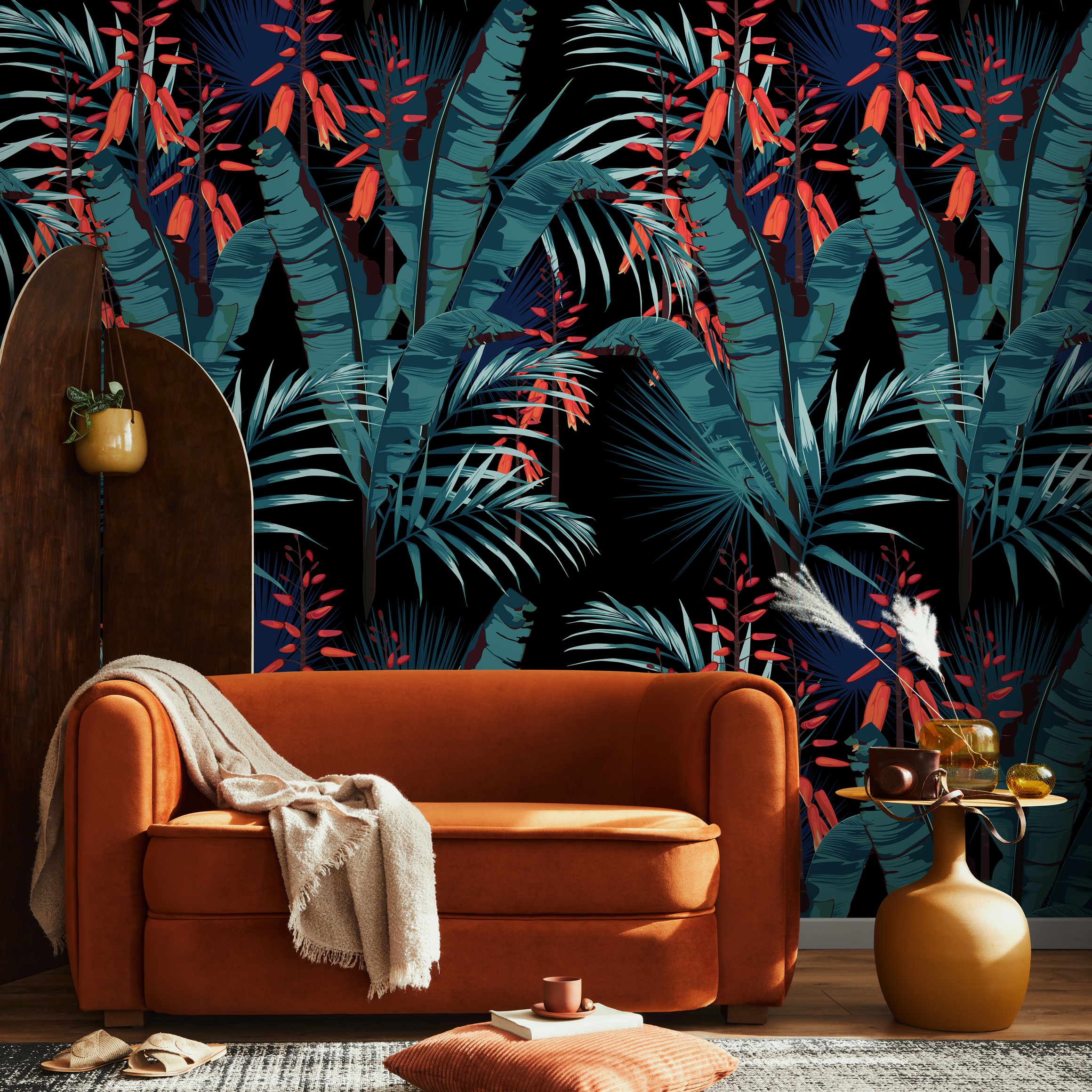 Tropical Wallpaper With Lush Palm Leaves In Teal, Orange, And Black - B143