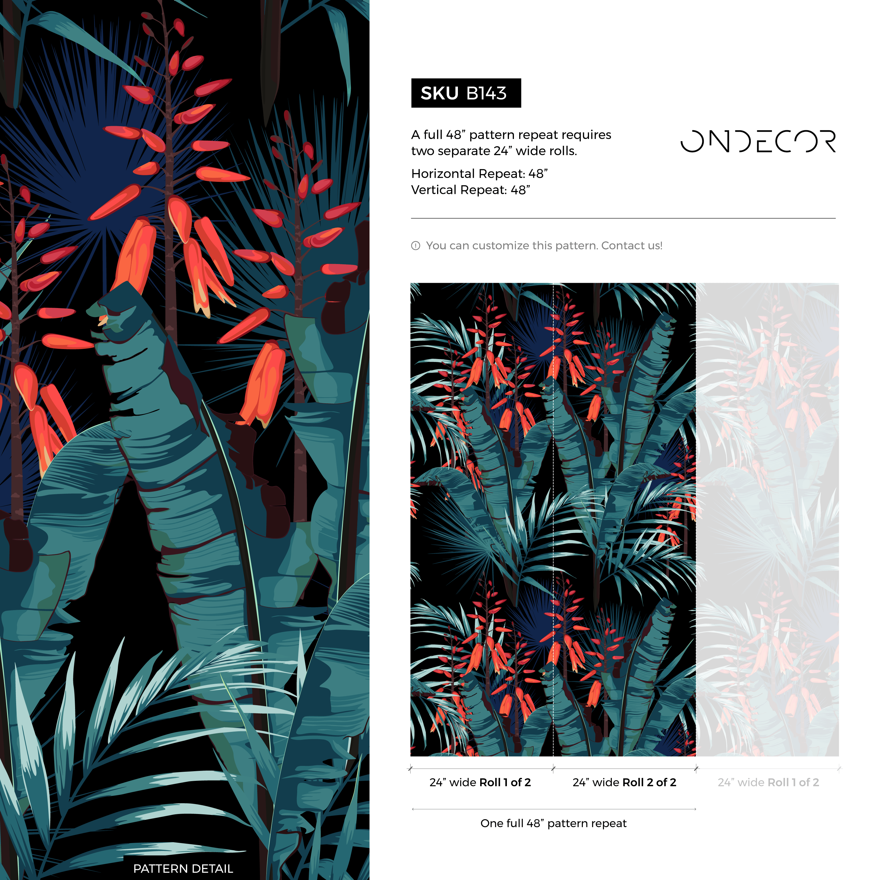 Tropical Wallpaper With Lush Palm Leaves In Teal, Orange, And Black - B143
