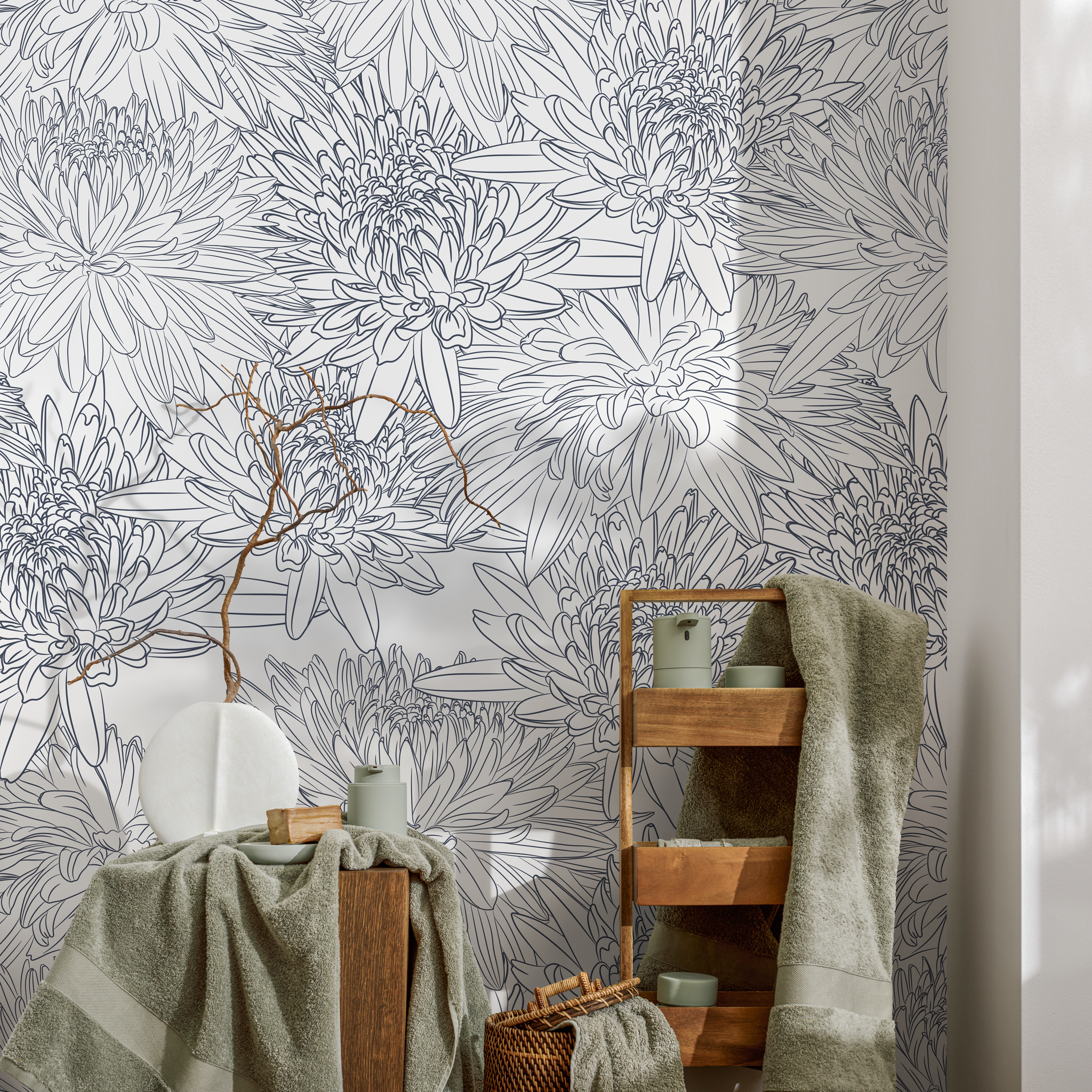 Floral Wallpaper With Hand-drawn Chrysanthemums In Blue - B150