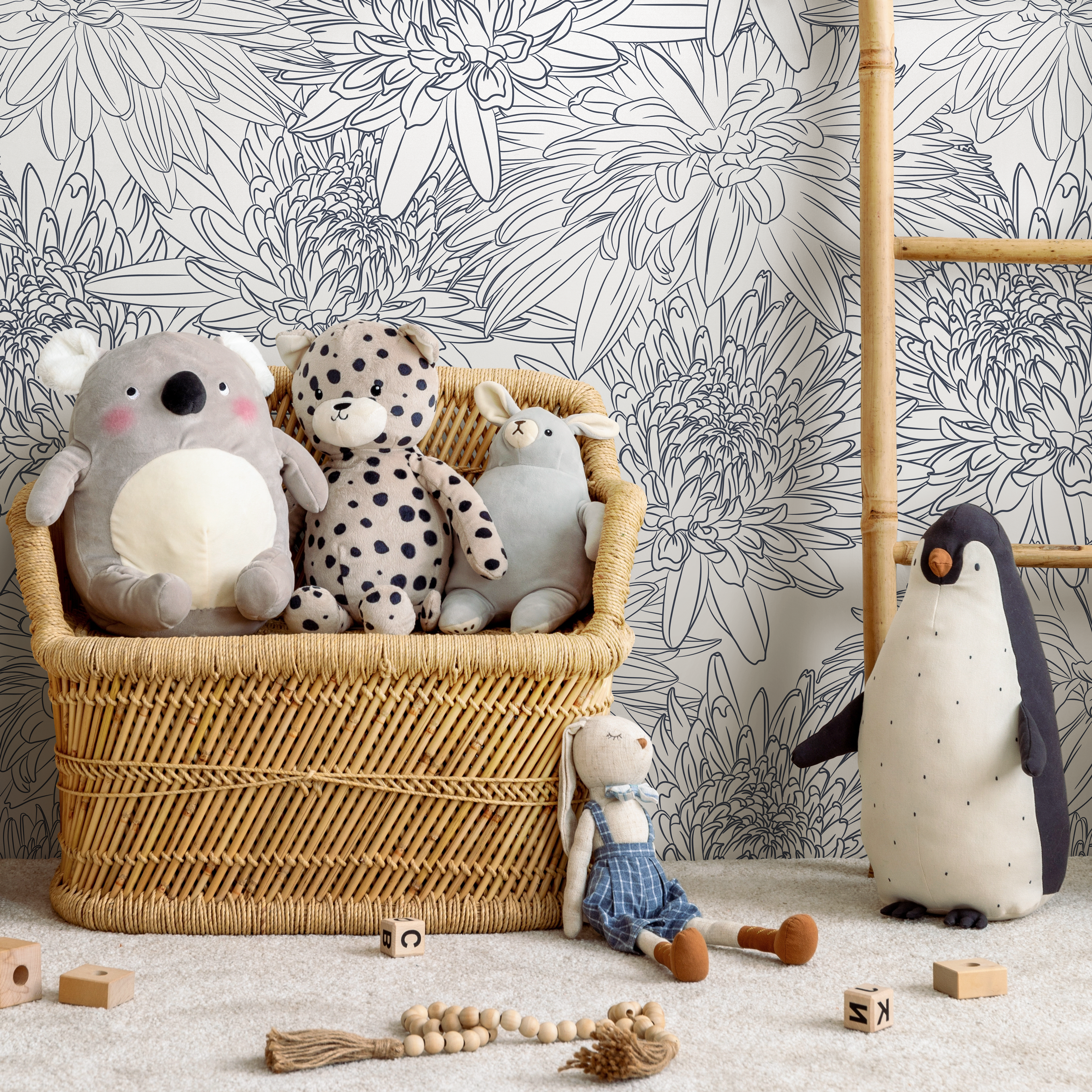 Floral Wallpaper With Hand-drawn Chrysanthemums In Blue - B150