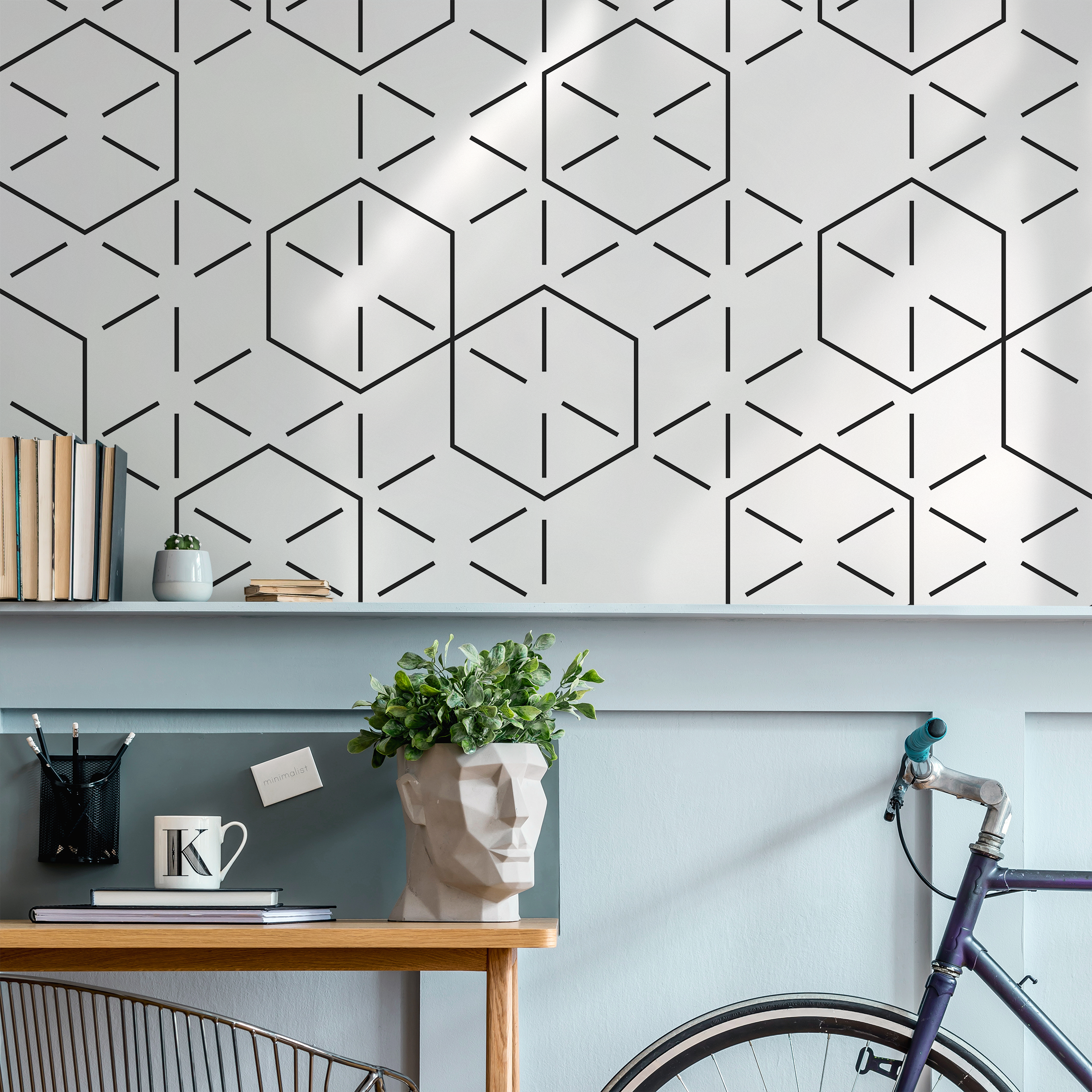 Geometric Wallpaper With A Hexagonal Line Pattern In Black - B153