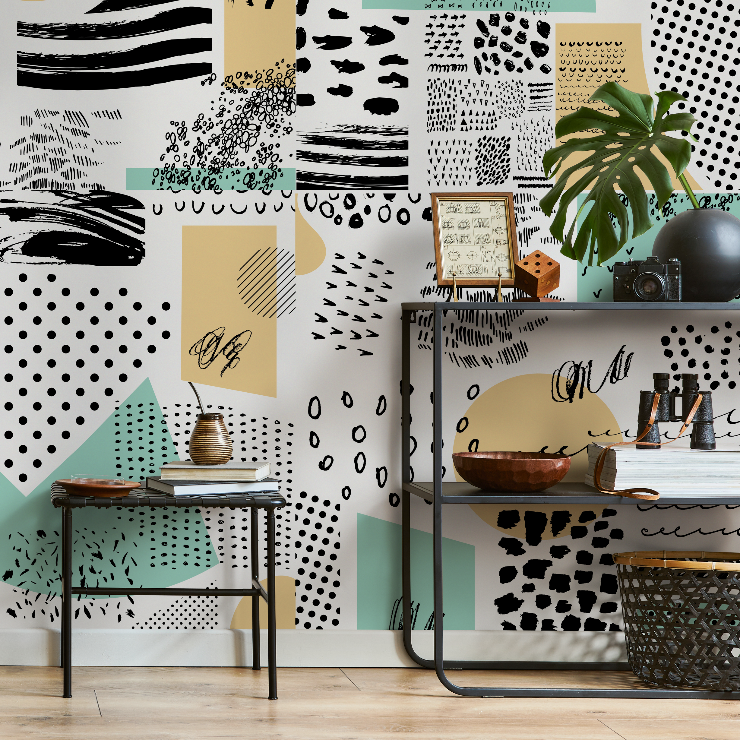 Abstract Wallpaper With A Modern Patchwork Motif In Black, Tan, And Mint Green - B158
