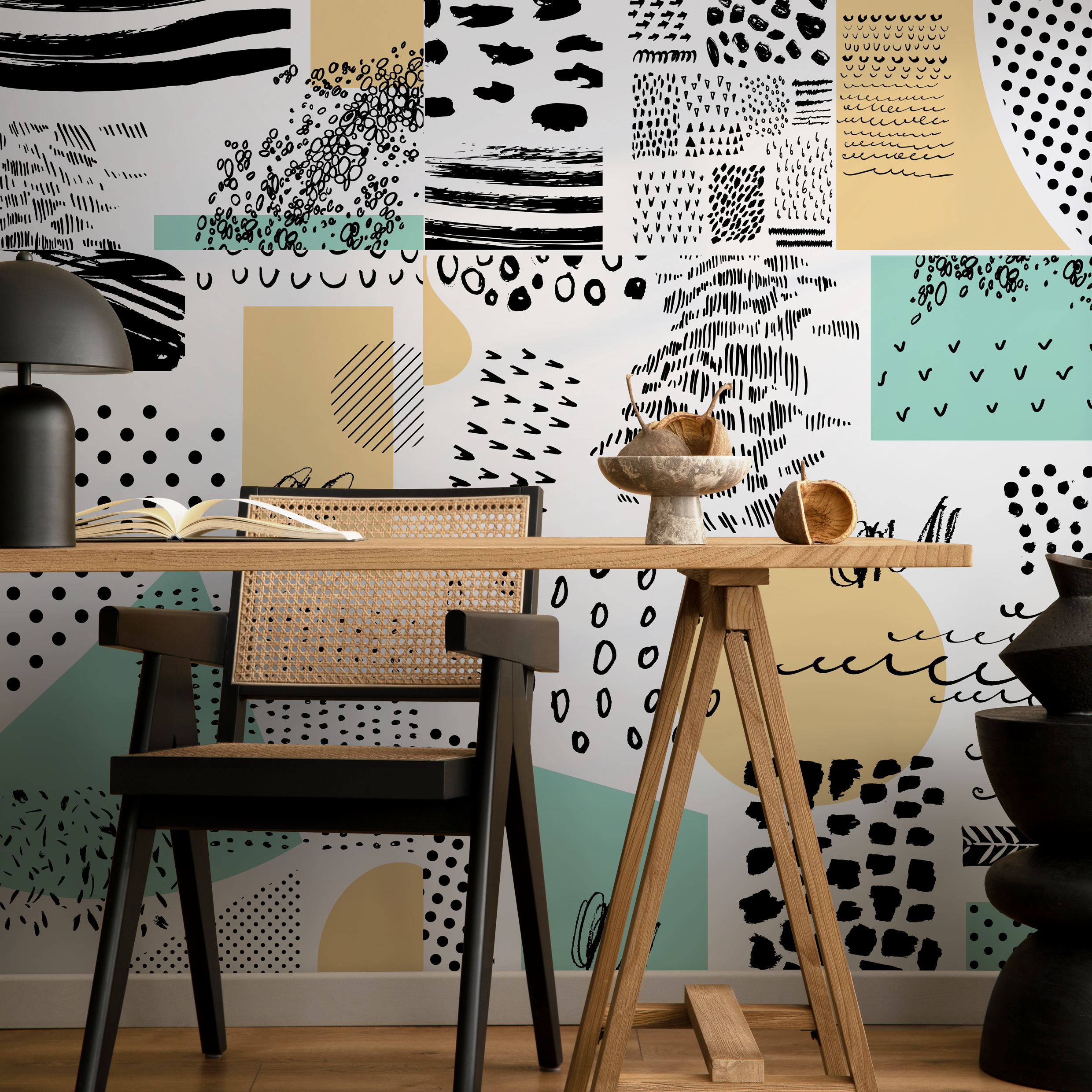 Abstract Wallpaper With A Modern Patchwork Motif In Black, Tan, And Mint Green - B158